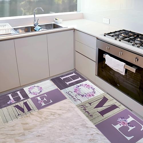 Juego de 2 tapetes de cocina florales, tapetes de cocina modernos de grano de madera para el suelo, alfombras de pasillo color morado lavanda,