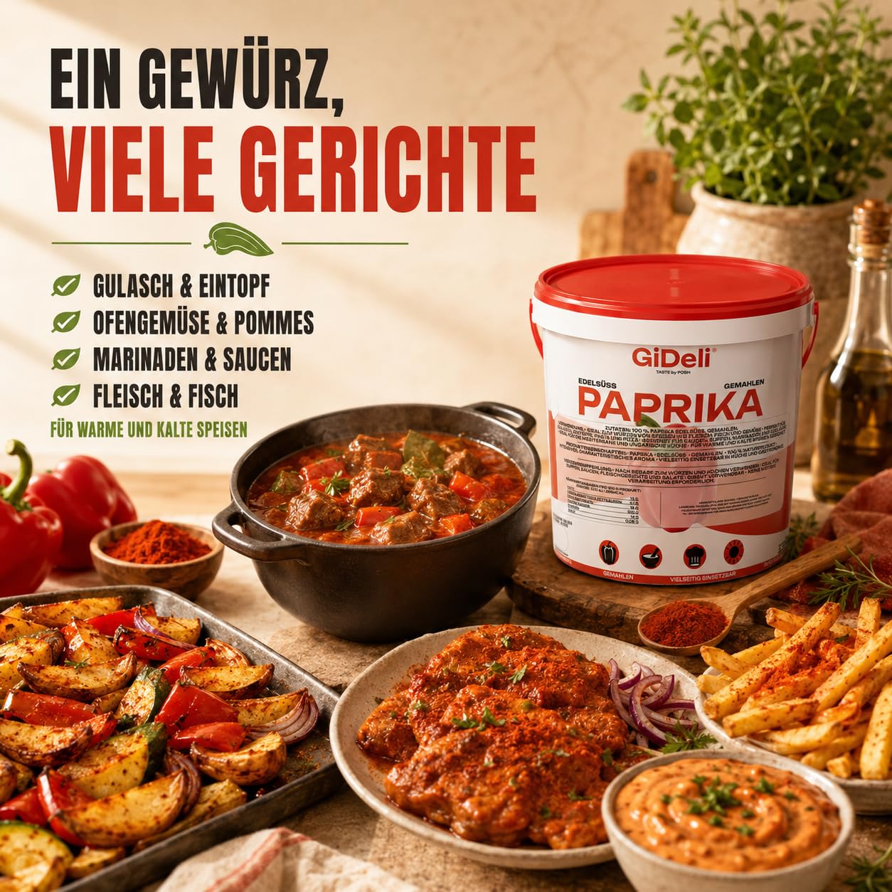 GiDeli Paprika Edelsüß Gemahlen 10kg im Eimer - 100% Paprika ohne Zusätze - Vegan & Glutenfrei - Spanisches Paprikapulver & Pimentón - Mildes Aroma - Rotes Gewürzpulver - Ideal für Gulasch & Pasta