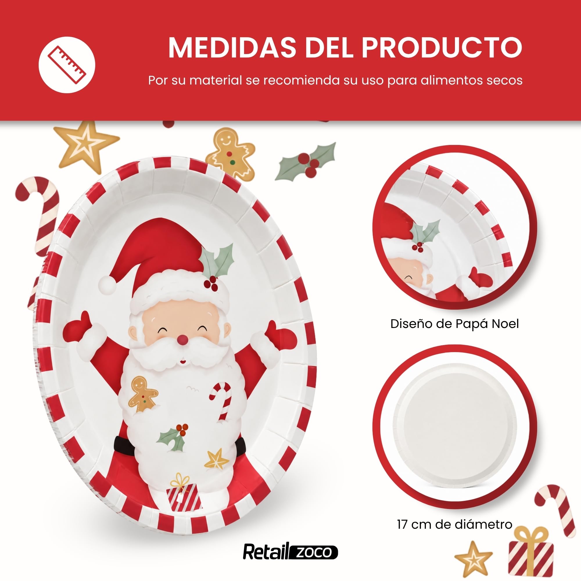 Platos de cartón, Platos Desechables cartón, Diseño Papa Noel, 12 Unidades - imagen 4