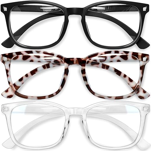 Gaoye Blue Light Blocking Glasses - 3 Pack Fashion Square Fake Eyeglasses, Anti UV Ray Computer Gaming Glasses, Blue Blockers Glasses for Women/Men, Matte Black+Leopard+Transparent