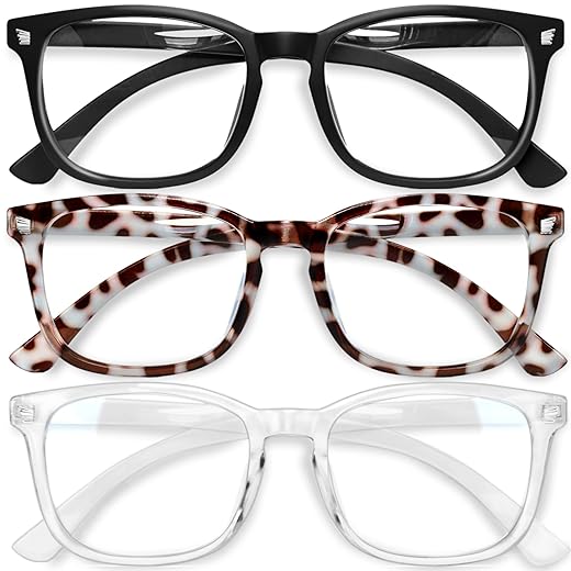 Gaoye Blue Light Blocking Glasses - 3 Pack Fashion Square Fake Eyeglasses, Anti UV Ray Computer Gaming Glasses, Blue Blockers Glasses for Women/Men, Matte Black+Leopard+Transparent