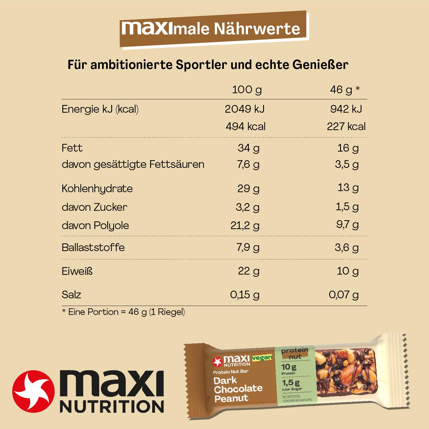 MaxiNutrition Dark Chocolate Peanut Nussriegel vegan 12x46g – Protein Riegel aus ganzen Nüssen mit 22% Protein, plant based, ohne Zuckerzusatz, ohne künstliche Aromen