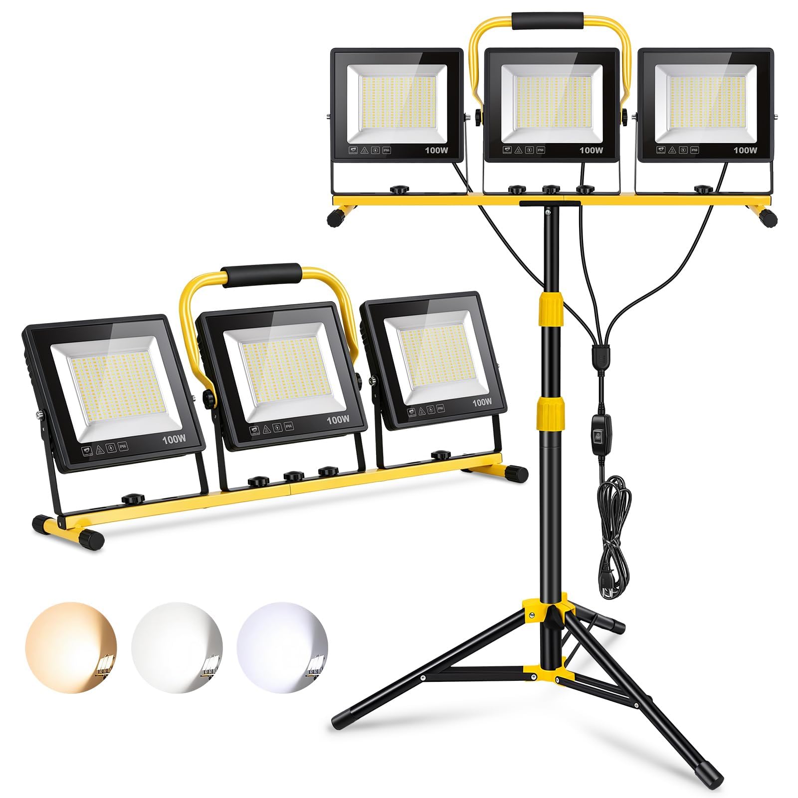 Baustrahler LED mit Stativ | LED Baustrahler 30000LM | 300W （ 3x 100W) Dreifarbig | IP66 Baustellenlampe mit 5 m Netzkabel | Höhenverstellbar 160cm