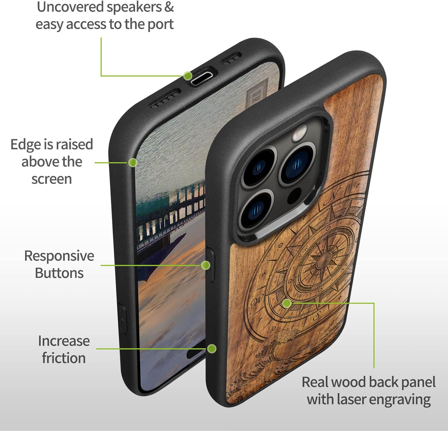 Carveit Magnetic Wood Case for iPhone 14 Pro Case [Natural Wood & Black Soft TPU] Unique & Classy Wooden Shockproof Protective Cover Compatible with magsafe (Waves & Compass -Walnut)