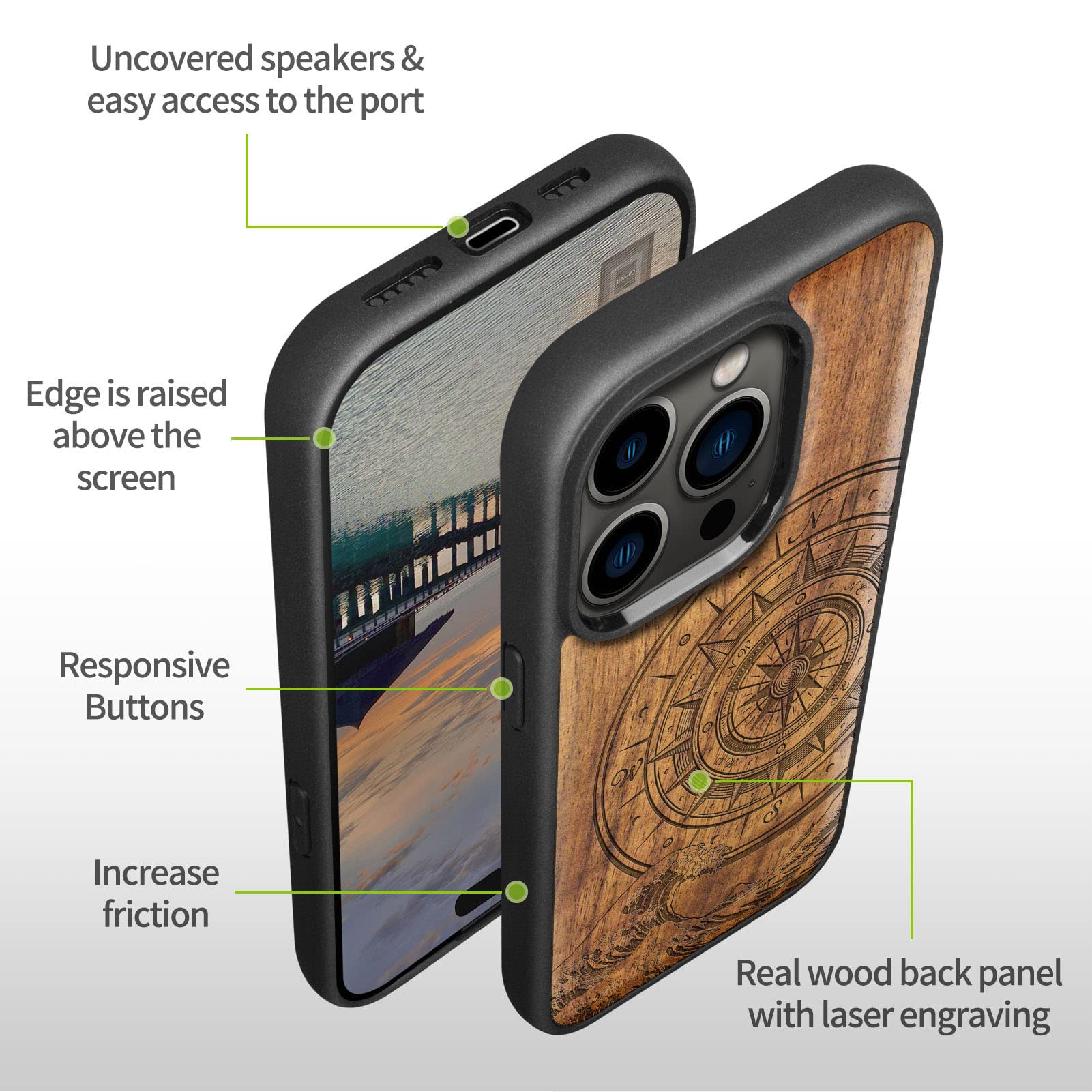 Carveit Custodia per iPhone 14 Pro Cover avec magnetico Cover Legno Unique [Noce Legno] Ricarica Compatibile con 14 Pro MagSafe Paraurti Robusto TPU (La bussola al largo delle grandi onde)