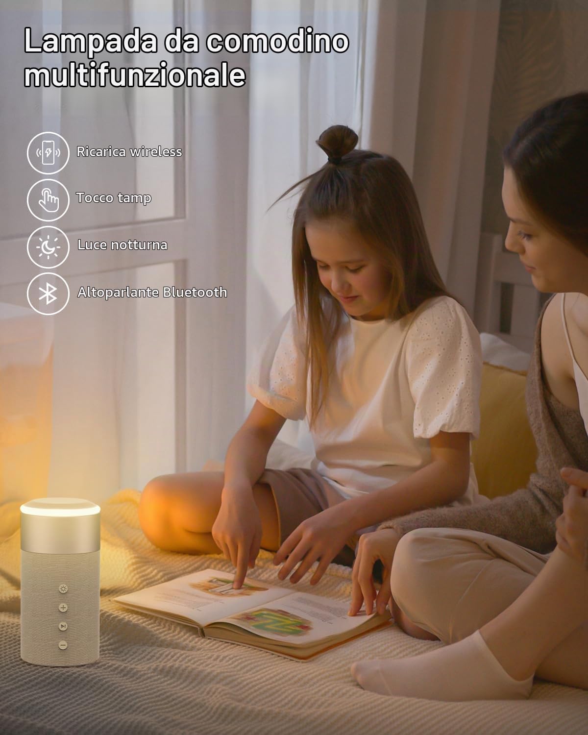 COLSUR Cassa Bluetooth Caricabatterie wireless Altoparlanti Bluetooth con luce notturna, stazione di ricarica wireless 2 in 1 per iPhone 16/15/14/13/12 Series AirPods Pro/4/3/2-Beige