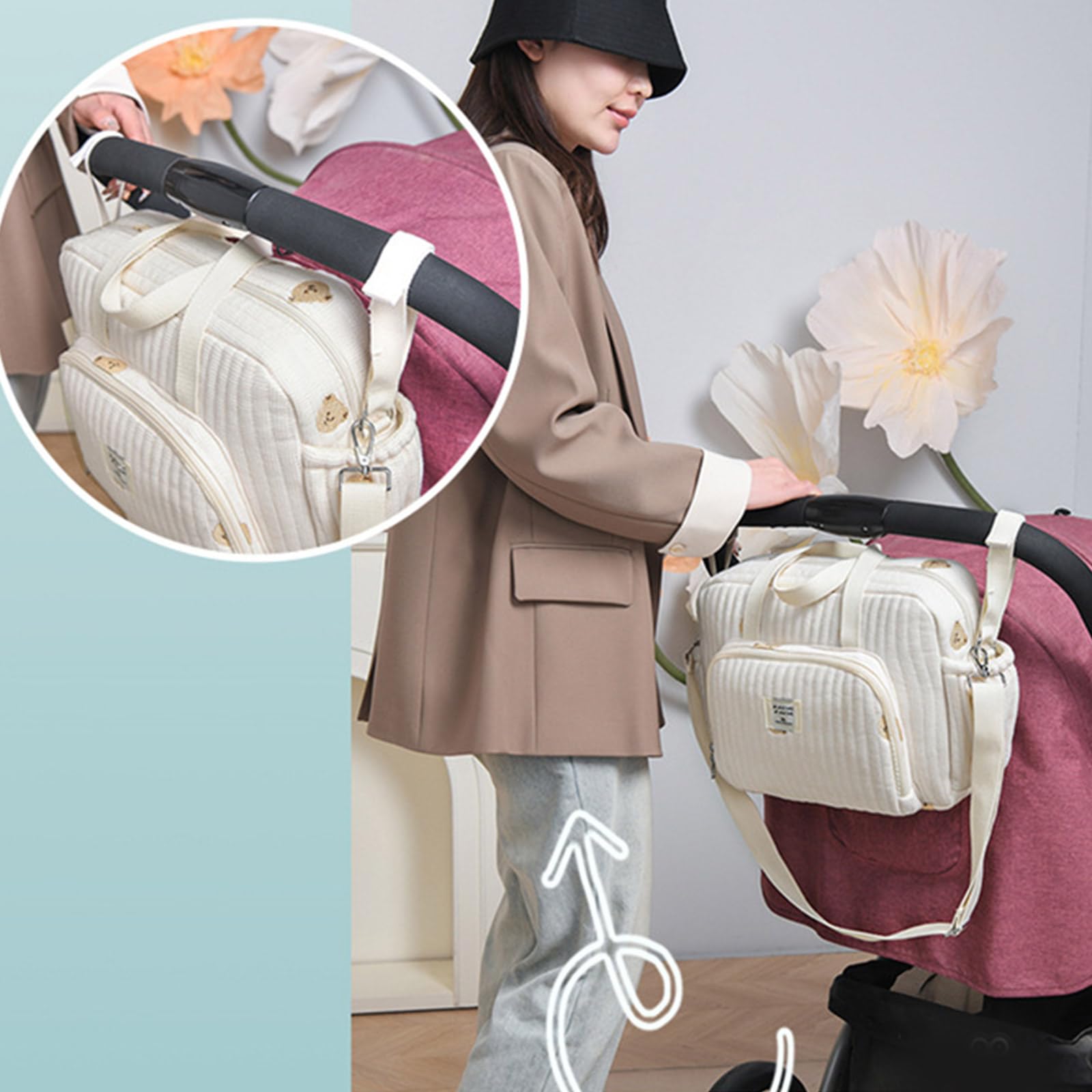 Bolsa de pañales cruzada a prueba de salpicaduras de gran capacidad para colgar en el cochecito de mamá para mujer, hombro de algodón y lino