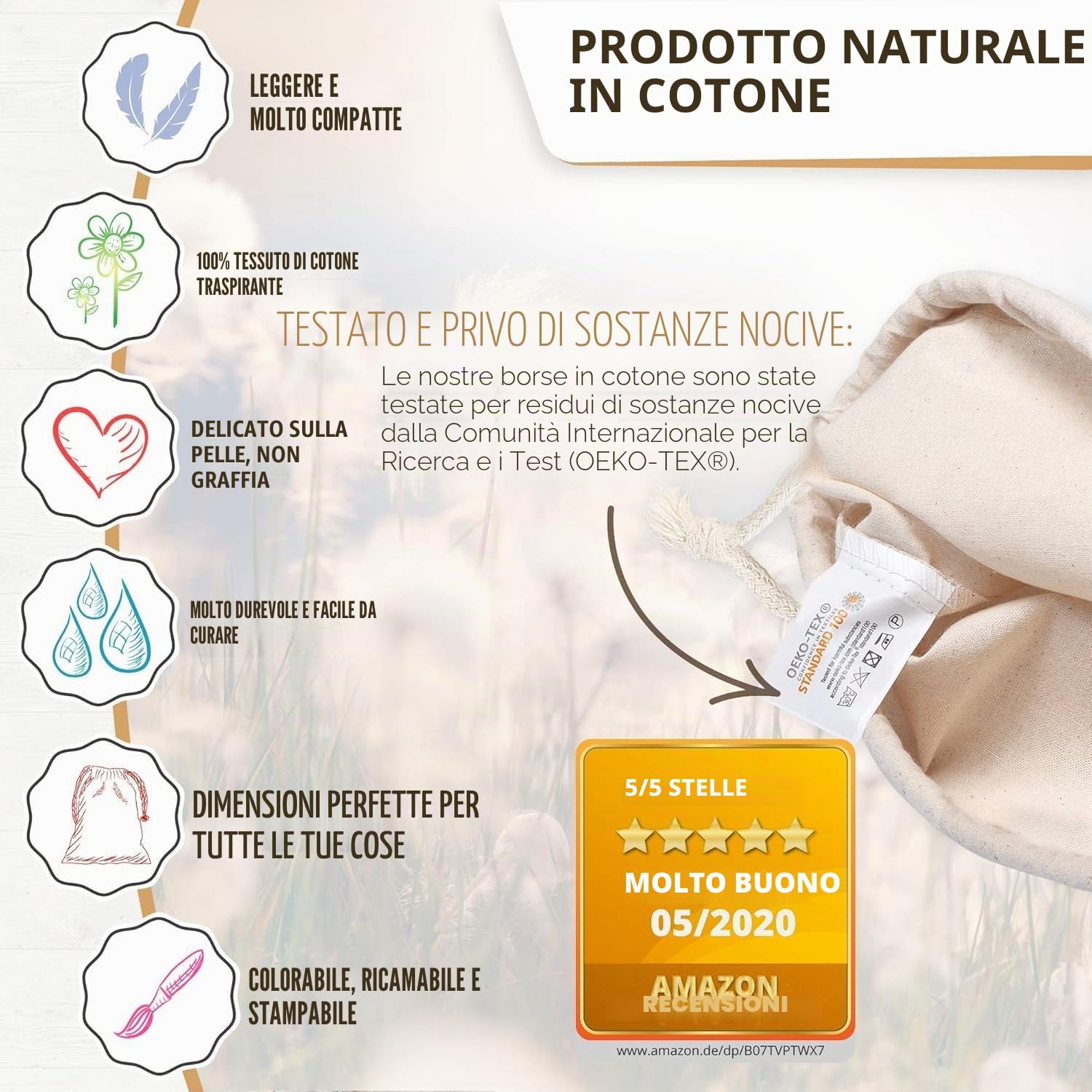 ELES VIDA® - XXL Sacchetto per il bucato 2 Set 70 x 90 cm in 100% cotone - XL - extra large per uso intensivo - durevole, con coulisse, sacchetto per il Colore Naturale