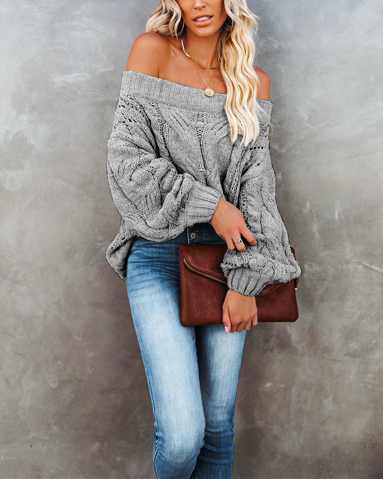 Maglione da Donna Pullover Ampio Donna, Design con Spalle Scoperte, Lavorato A Trecce -Bianco-m