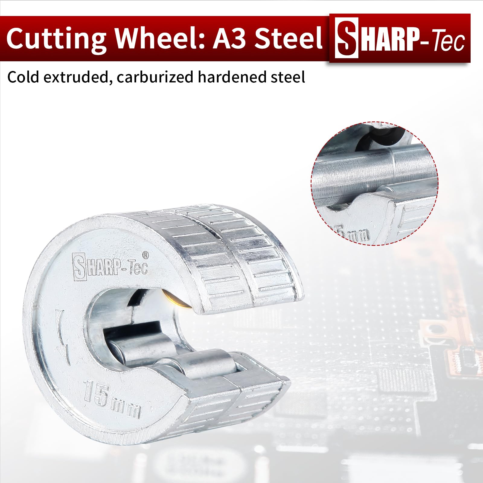 Sharp-tec Pipe Cutter 15mm and 22mm, Copper Pipe Cutter with Zinc Alloy Body, 2 Replacement Tube Cutting Wheels - Image 2