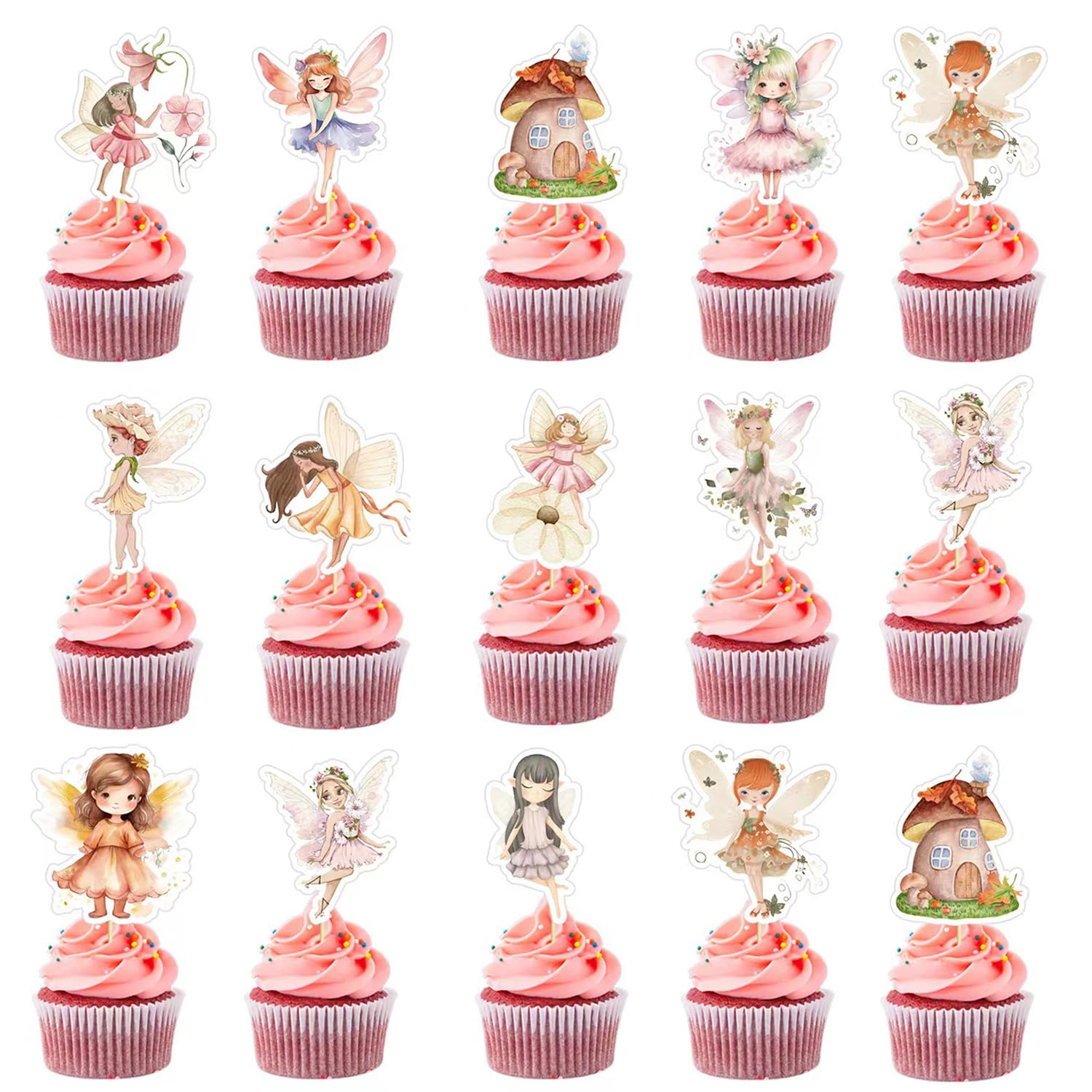 24PCS Fairy Cupcake Toppers - Mushroom Cake Decorations, for Fairy Themed Birthday Baby Showers Fairy First Wedding Party Decorations(Fairy)