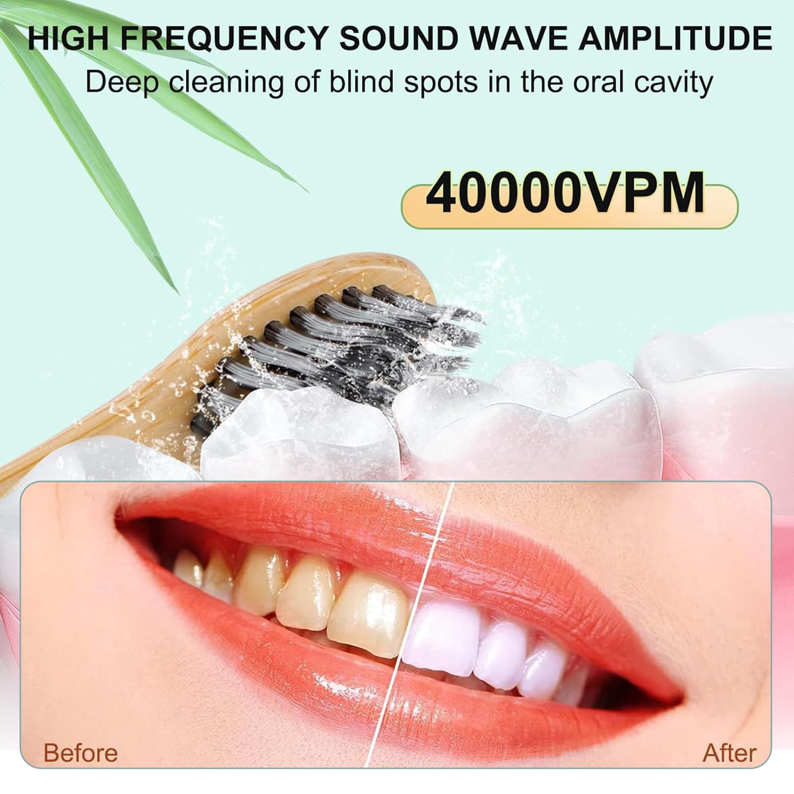 Cepillo de dientes eléctrico sónico de bambú para adultos, 5 modos, temporizador inteligente de 2 minutos, IPX7, impermeable, motor 40000 VPM, limpieza profunda (amarillo)