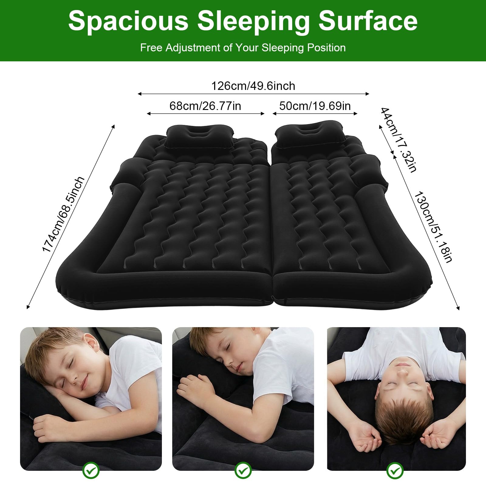 Materasso gonfiabile per auto, con pompa ad aria e 2 cuscini, letto da campeggio, 170 x 120 cm, materasso gonfiabile per bagagliaio con pompa ad aria e 2 cuscini, portatile, doppio lato, più spesso