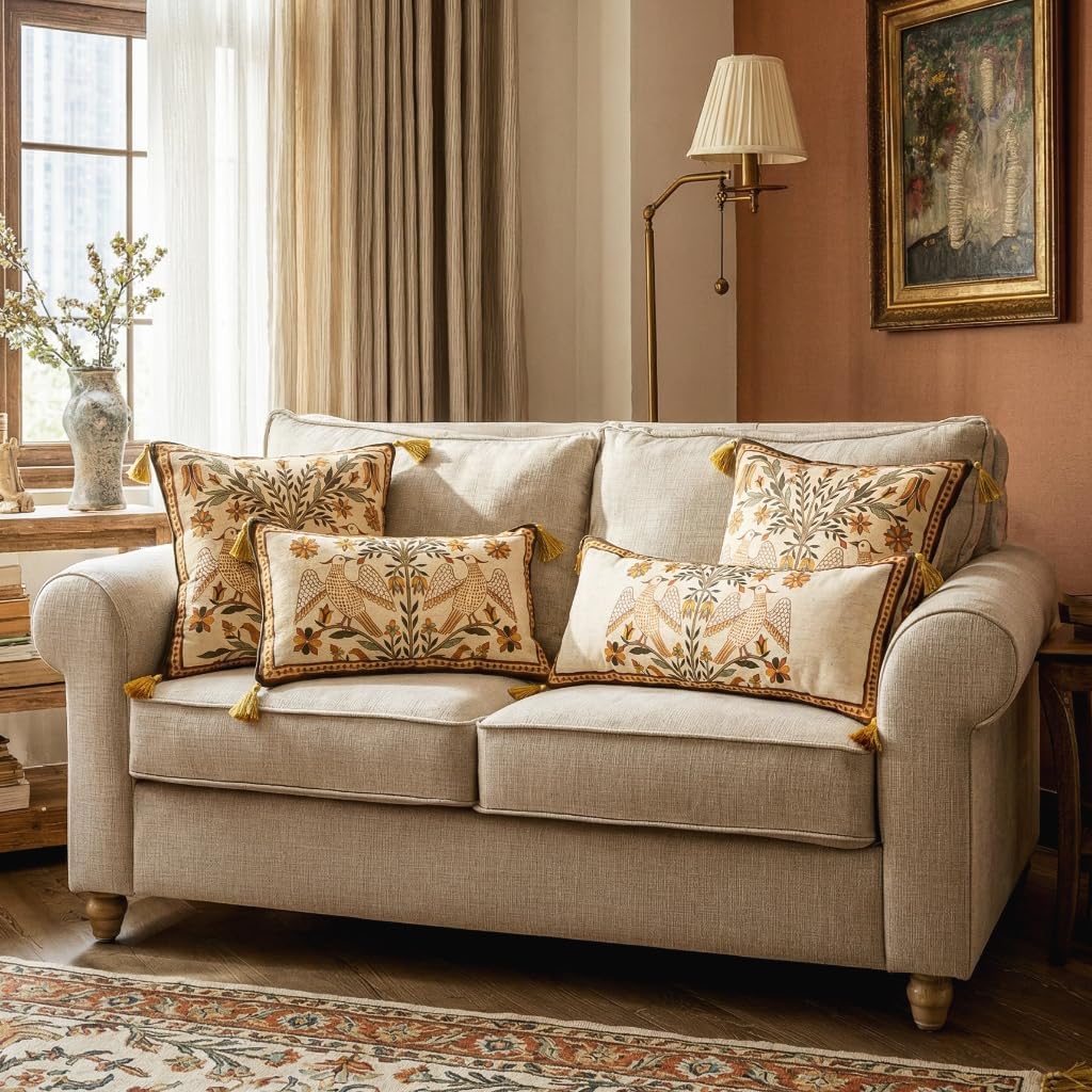 Brown Throw Pillow Covers Set of 2,Floral Farmhouse Yellow Birds Flower Pattern Linen Accent Pillows Cover for Couch,Decorative Pillows for Couch Sofa Bed Chair Cushion Covers 18"x18"