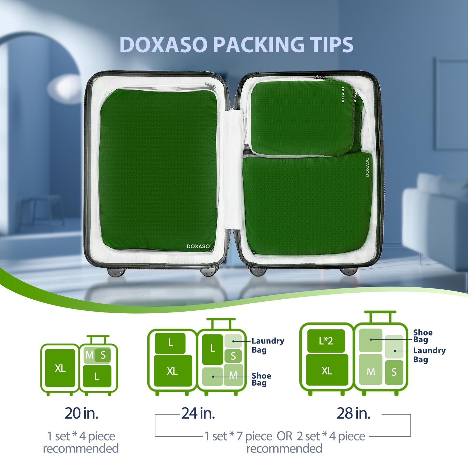 Cubi da imballaggio a compressione, ultraleggeri, espandibili, organizer per valigie, idrorepellenti, organizer da viaggio per zaino, 7 pezzi (verde)