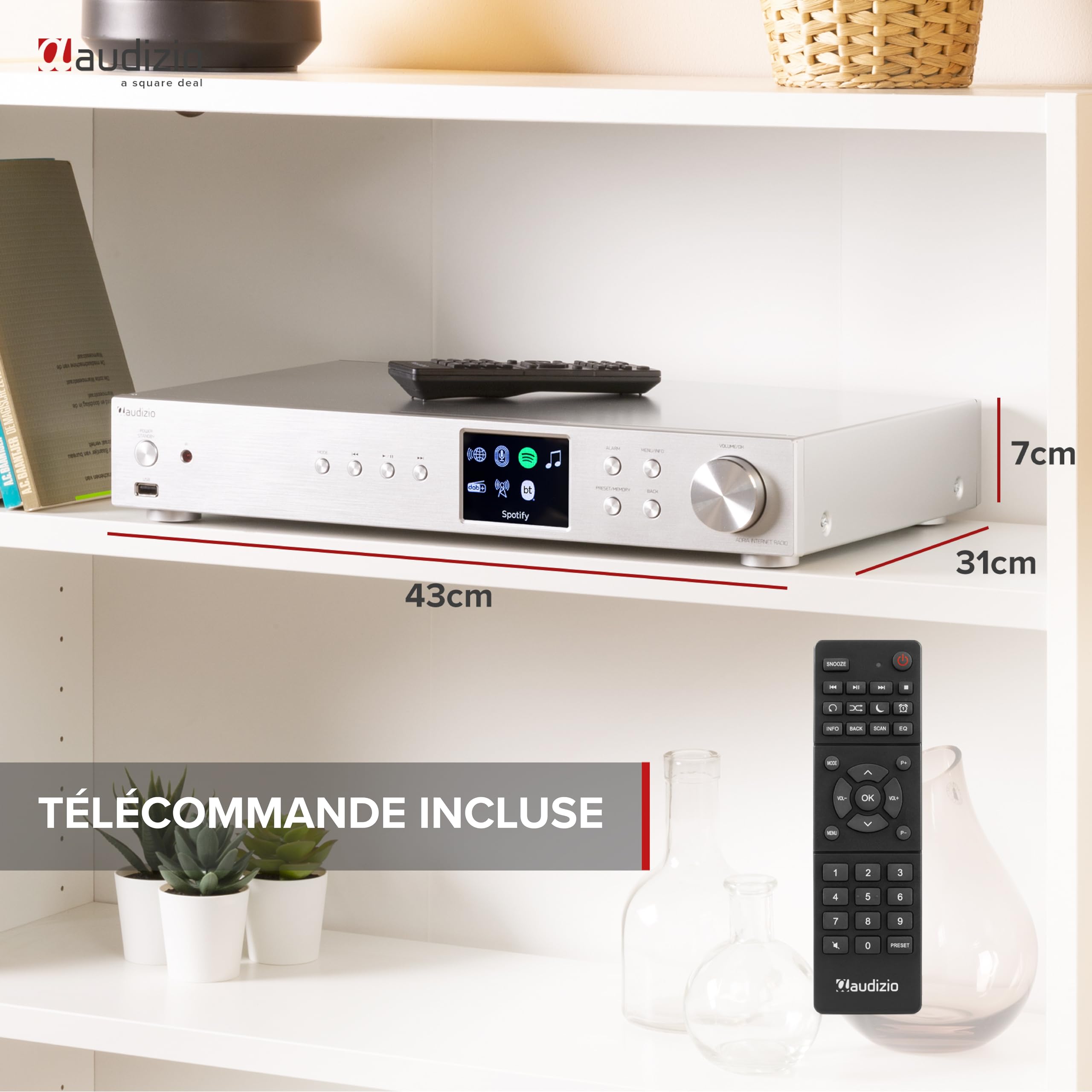 Audizio Adria Radio Internet Wi-FI avec Bluetooth - Alu, avec Fonction Réveil, Radio Dab+ et Tuner FM, 28 000 Stations Radio, Spotify Connect®, Idéale pour Écouter Vos Radios Préférées
