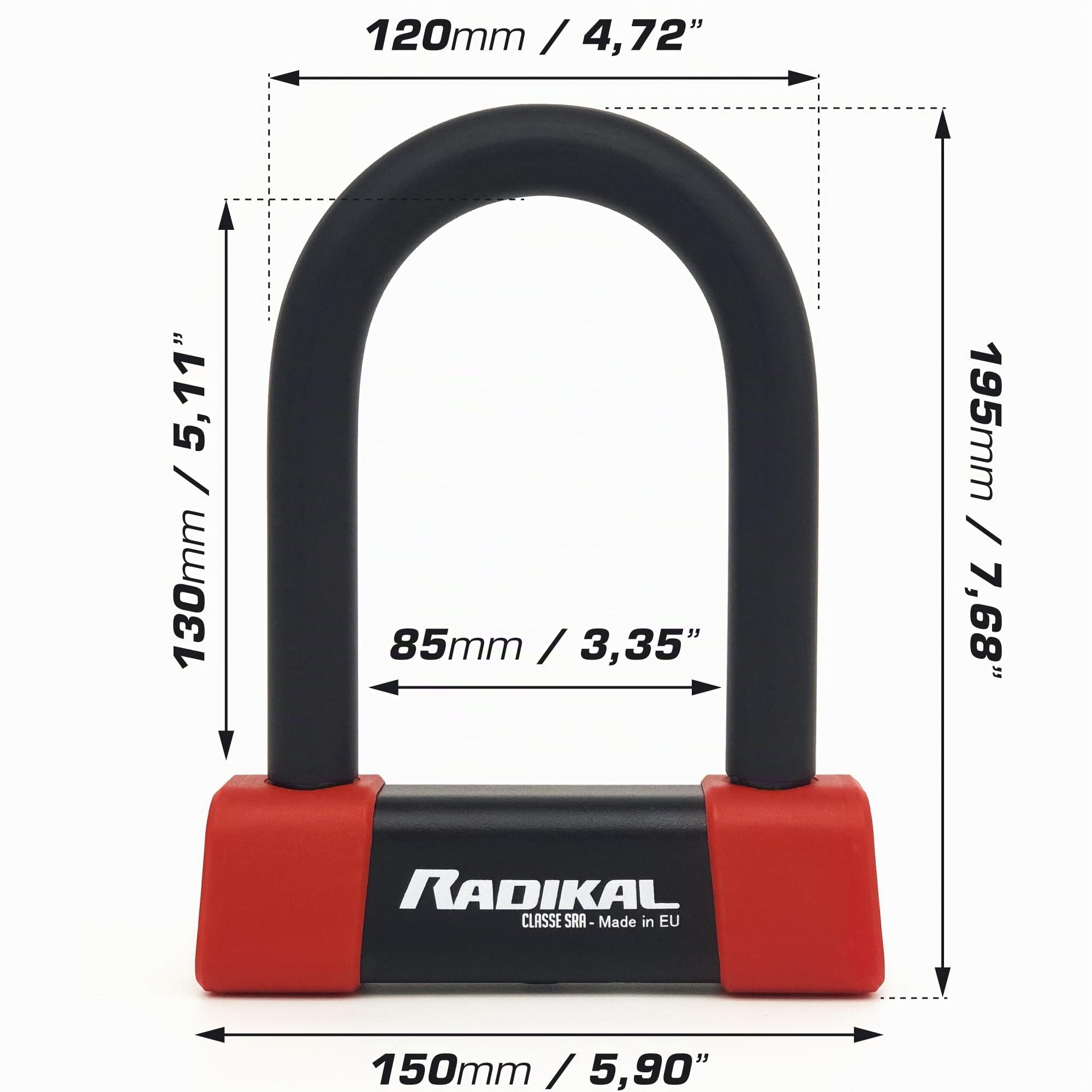 RADIKAL RK120R Lucchetto a U Premium Omologato SRA, 85x125mm, Blocco Ceppo Ruota, Arco ø18mm Acciaio Cementato Rivestito a Doppio Chiusura, Serratura Antifurto U Lock Moto Scooter