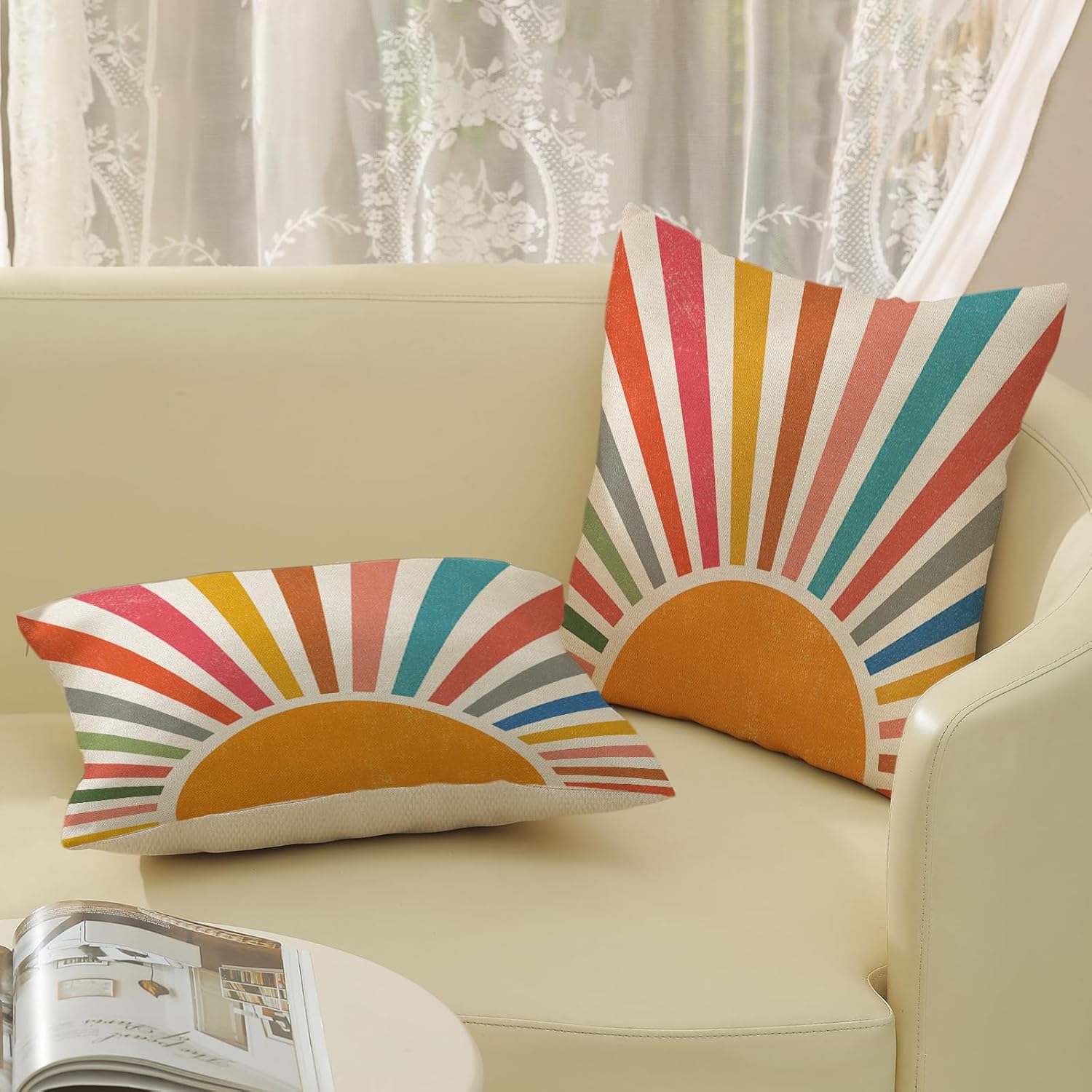 Summer Pillow Covers 24x24 Set of 2 Colorful Stripes Yellow Sunshine Outdoor Throw Pillows Boho Rainbow Sun Decorative Pillowcase Linen Modern Farmhouse Cushion Case for Home Bedroom Decor
