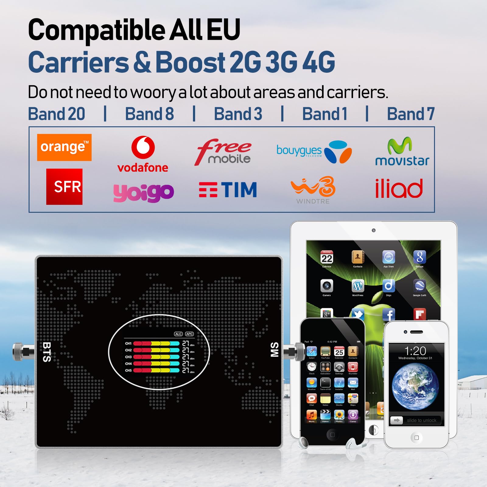 Amplificador Señal Movil 5 Bandas 20/8/3/1/7 - Amplificador de Cobertura Movil 4G/3G LTE gsm 70dB para Zonas Rurales y Oficinas (Compatible con Movistar/Orange/Vodafone/)