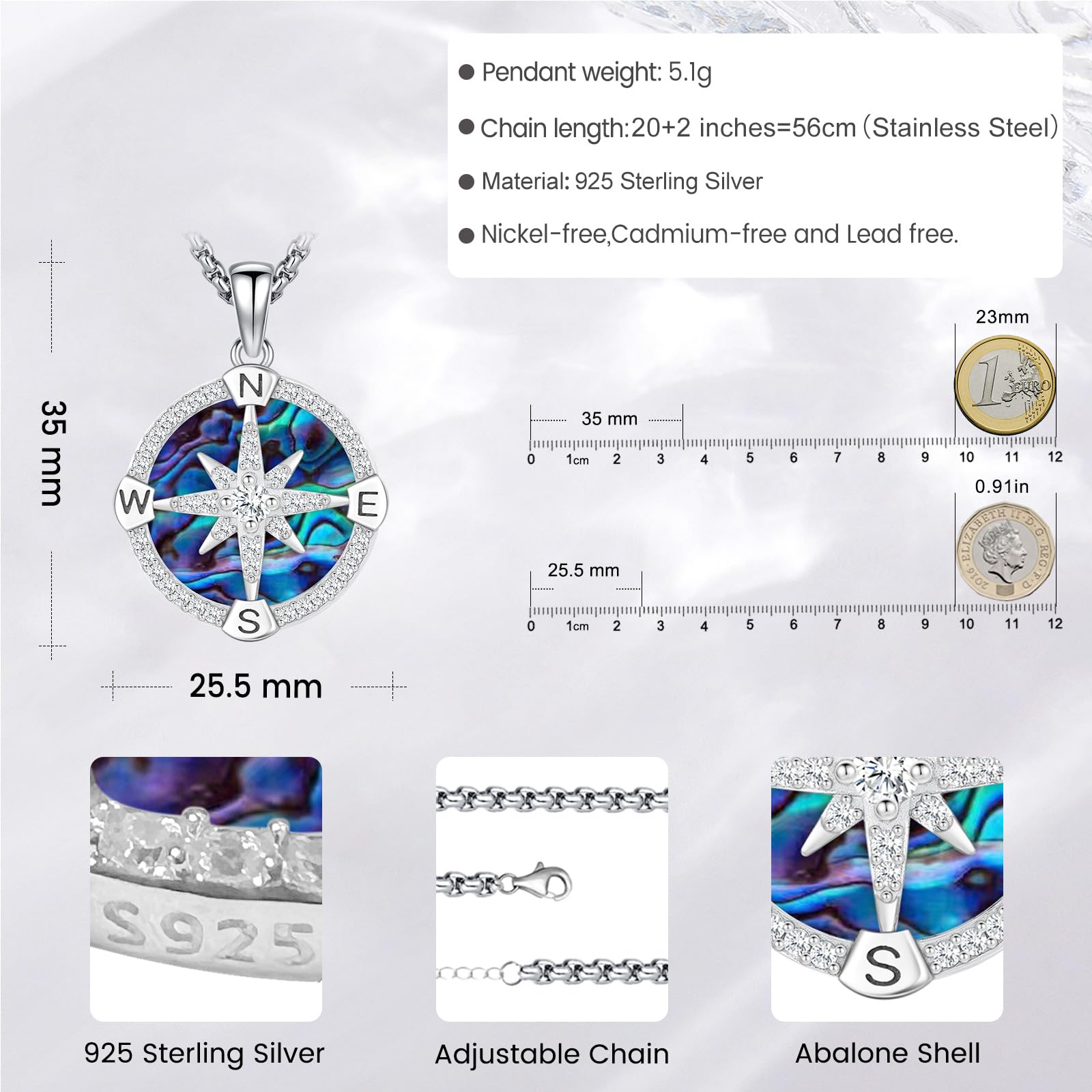 Eusense Bussola Collana in Argento Sterling 925 Bussola Pendente Catena Regalo di Laurea Gioielli per Uomo Donna