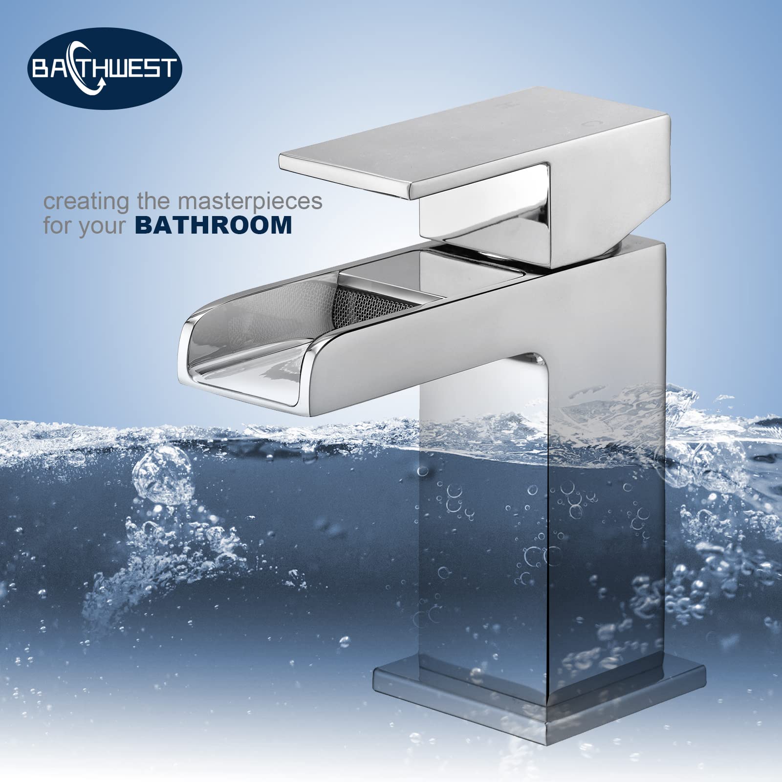 Cascade 612M Robinets de lavabo carrés avec bonde pop-up monobloc en laiton chromé avec vidage