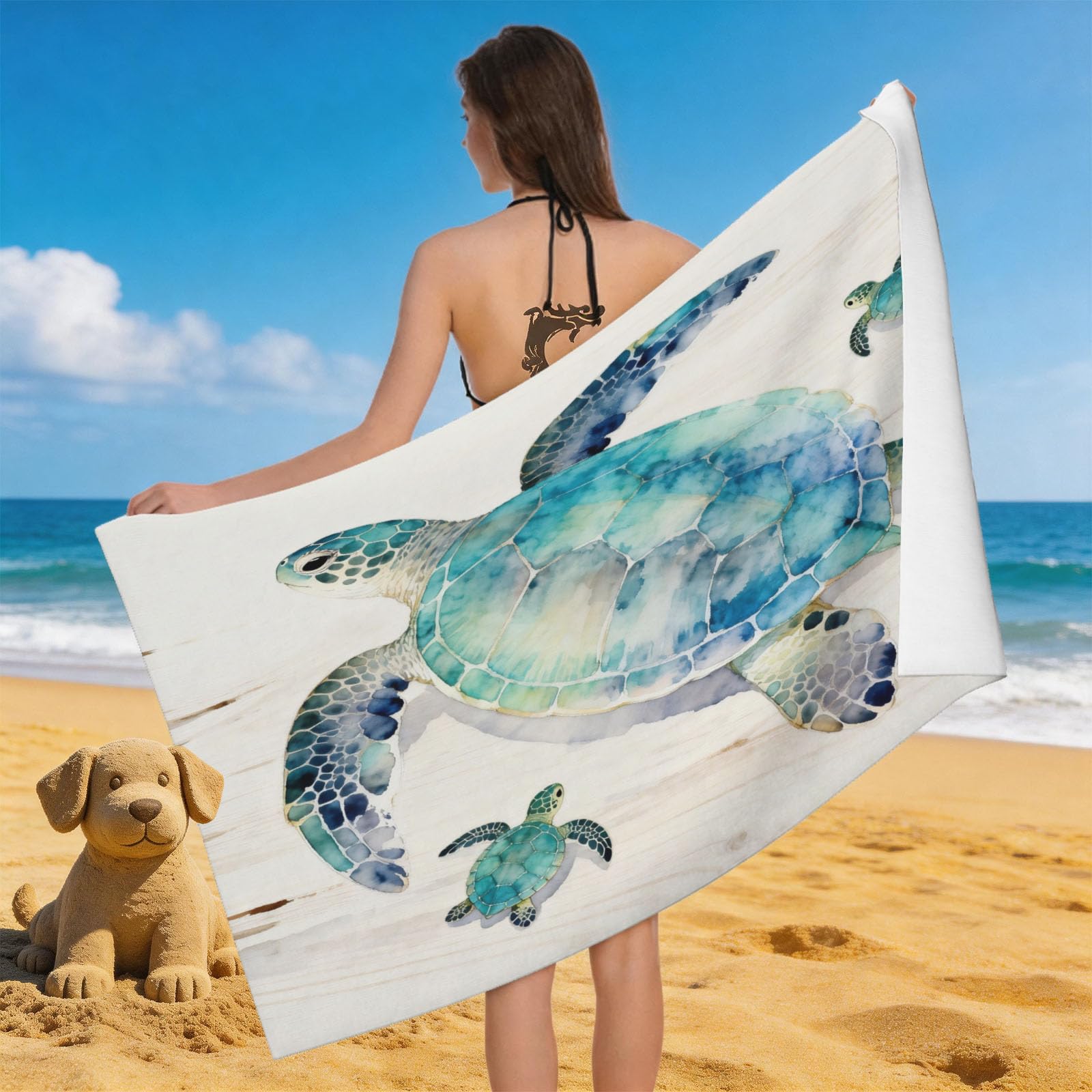 Leichong 3D Watercolor Sea Turtle Beach Towel Microfiber Soft Quick Dry for Adults, Sea Animal Bath Towel Lightweight Soft Absorbent for Travel Swimming Pool Sports, 75 x 150 cm