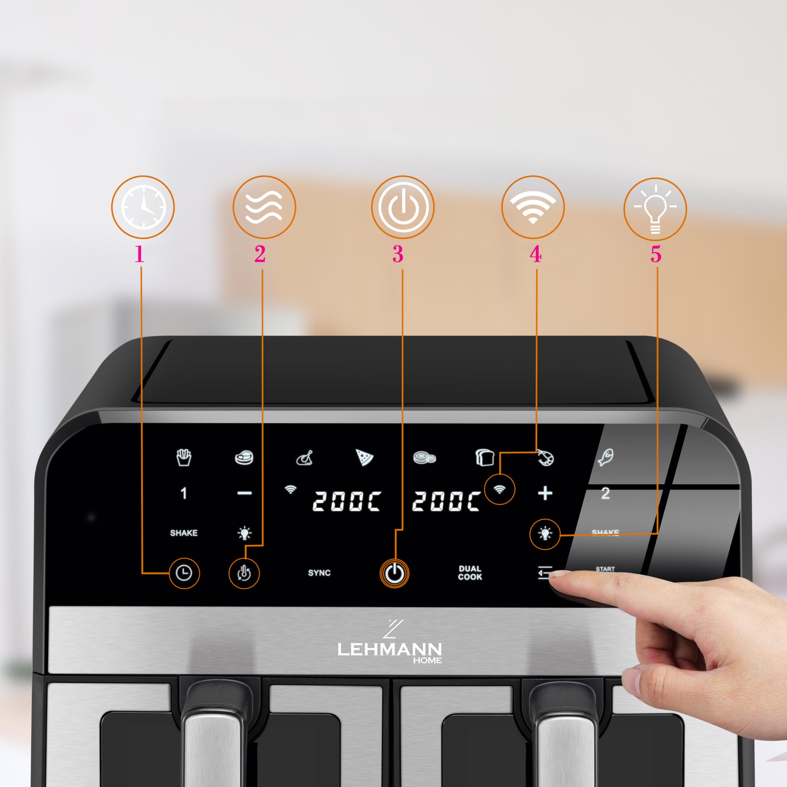 LEHMANN Air Fryer 9L, Dual Friteuse sans Huile avec 2 Tiroirs, 2400W, 12 Programmes, Température ajustable de 80-200 ºC, Contrôle WIFI, Écran Tactile, pour les Grandes Familles avec Enfants