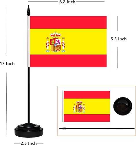 Miniatura 2 de Juego de 12 banderas de escritorio de España, pequeñas banderas españolas de oficina con poste negro sólido de 12 pulgadas, base negra y parte