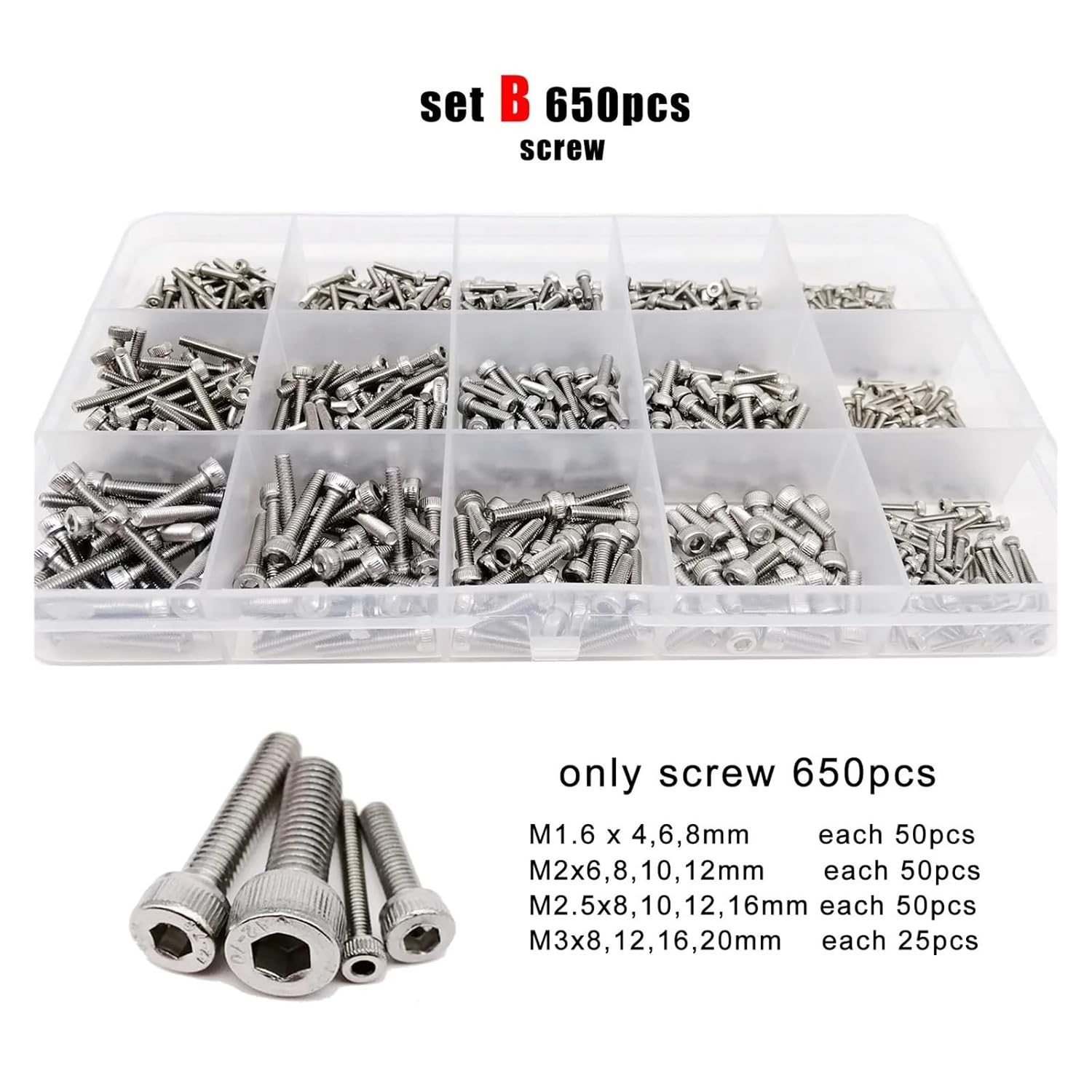 Bolt Screw 650pcs Screw Bolt Nut Washer Set Assortment Kit for Machinery Automotive Electronic