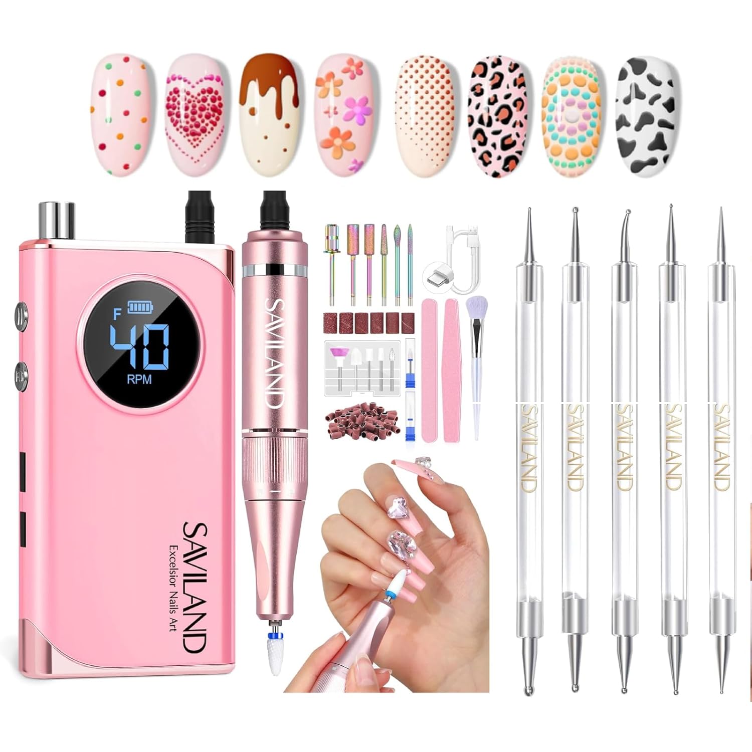 SAVILAND Electric Nail Drill Professional & 5PCS Dotting Tools : 40000RPM Nail Filer Electric Manicure Pedicure13 Nail Drill Bits for Acrylic Nails False Nails Gel Nails