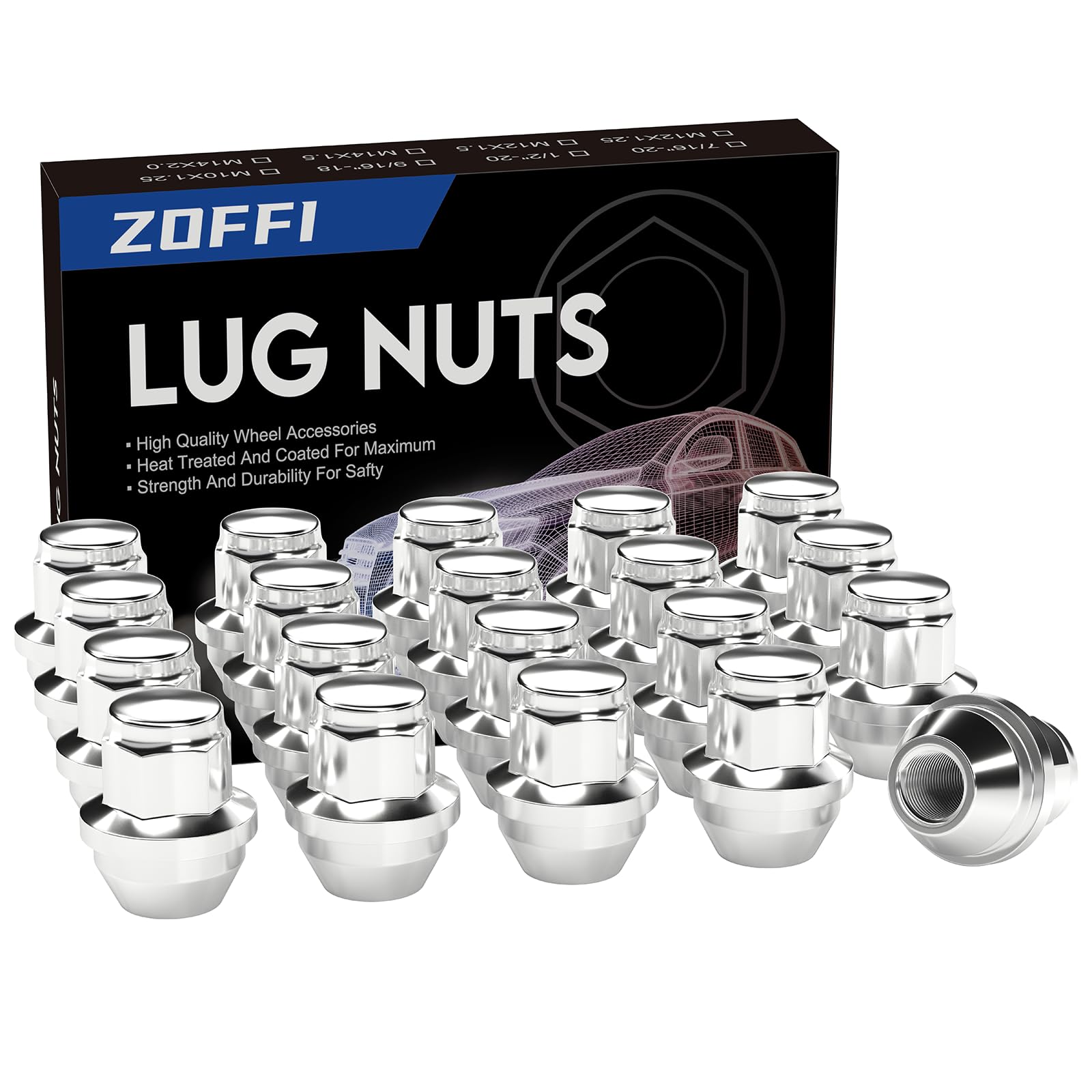 ZOFFI M12x1.5 One-Piece Chrome OEM Factory Style Large Acorn Seat Wheel Nuts for Most Ford Fiesta Focus Fusion Alloy Wheels - 20pcs Chrome Closed End M12x1.5 Lug Nuts