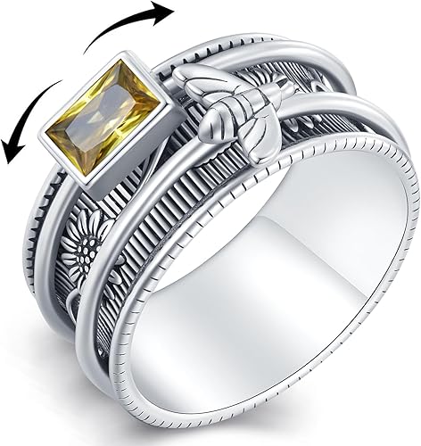 Anillo antiansiedad de plata esterlina 925 con girasol, anillos para ansiedad, anillos giratorios de abeja, regalos para mujeres, hombres y Anillo antiansiedad de plata esterlina 925 con girasol, anillos para ansiedad, anillos giratorios de abeja, regalos para mujeres, hombres y