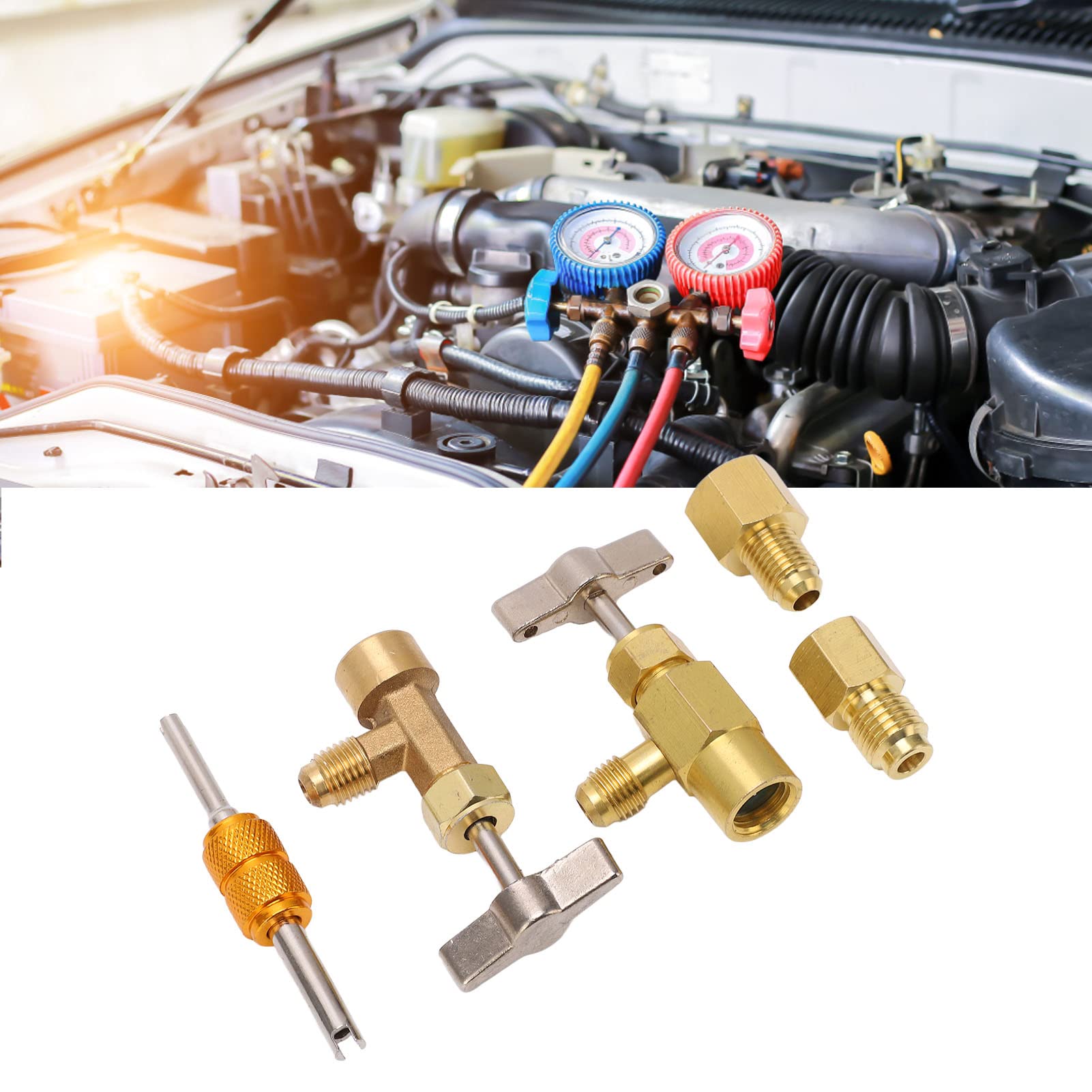 Adapter R1234Yf, Samouszczelniający Zawór Spustowy R134A Dozownik Czynnika Chłodniczego R1234Yf z Adapterem Zbiornika Mosiężny Zawór Dozujący z Przebiciem i Adapterami Zbiornika