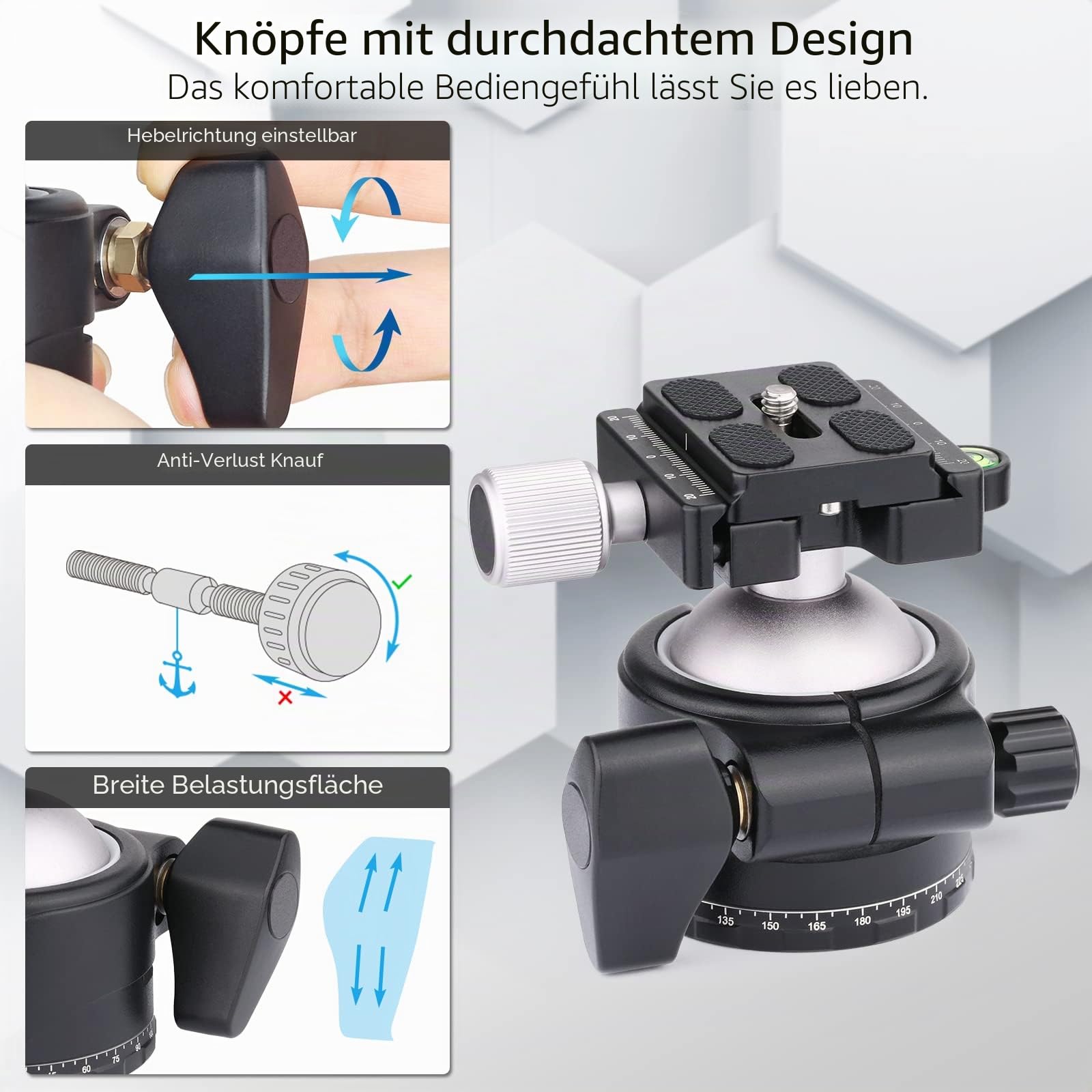 ARTCISE Niedriger Profil-Kugelkopf, 46 mm, 360°-Panorama-Metall-Stativkopf mit Arca-Schnellwechselplatte und 1/4 Zoll auf 3/8 Zoll Konvertierungs-Gewindeadapter für Stativschieber DSLR, maximale