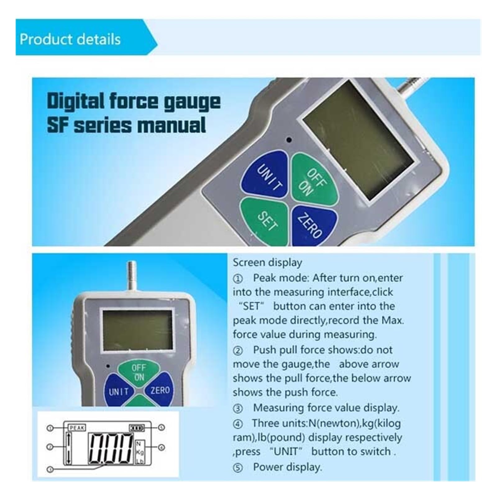 Medidor de fuerza digital, ELK-500N Pantalla LCD Medidor de fuerza portátil digital empuje dinamómetro Probador