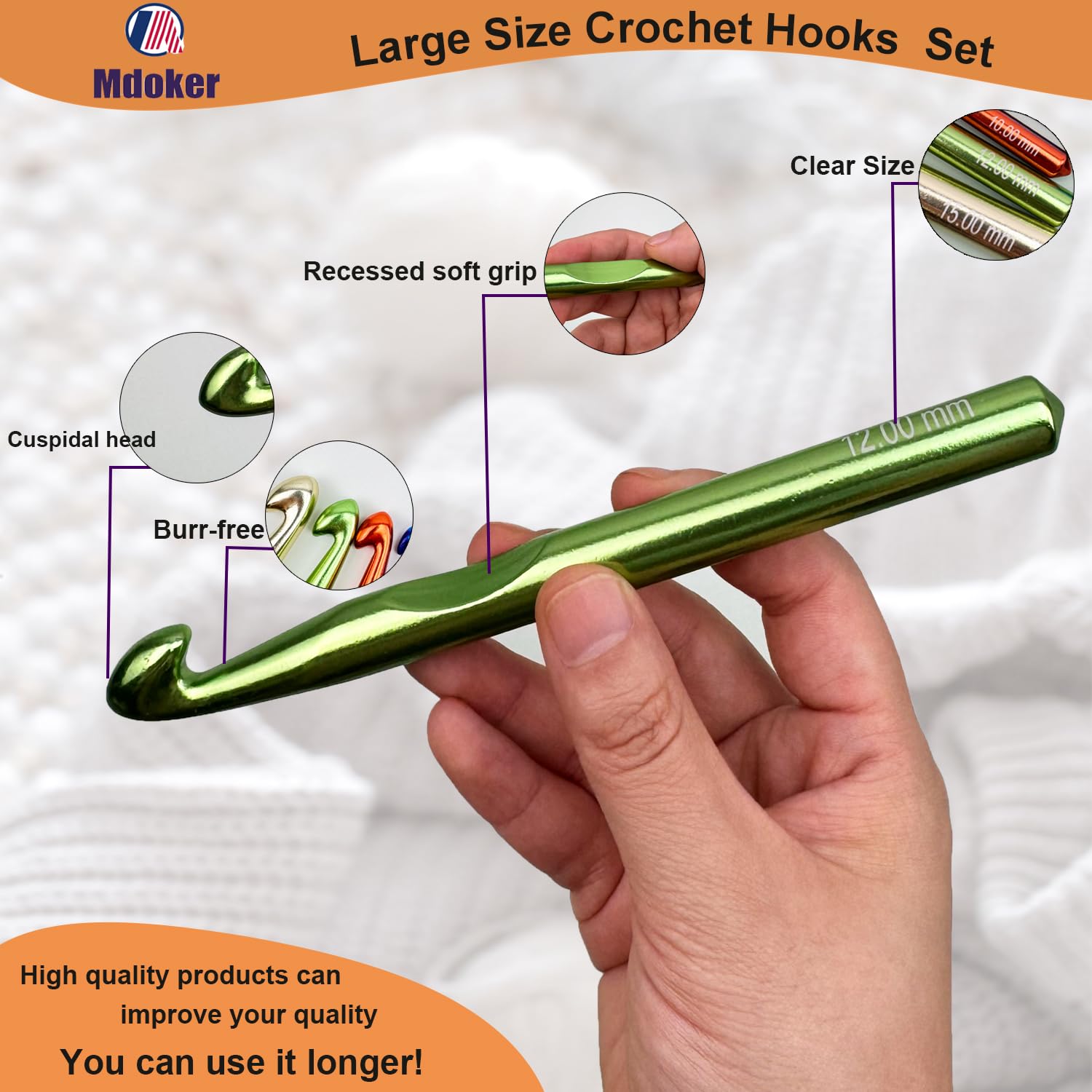 Mdoker Juego de 21 ganchos de ganchillo enormes, tamaño grande de 15 mm, 12 mm, 10 mm, 9 mm, 8 mm, 7 mm, agujas de ganchillo de aluminio con funda, agujas de ganchillo para hilo grueso, tamaño L, M,
