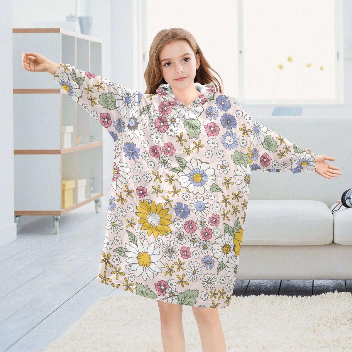 Kwiatowy vintage dziecięcy koc do noszenia bluza z kapturem oversize bluza koc sweter wiosna kwiat dla chłopców dziewcząt w wieku 3-14 lat