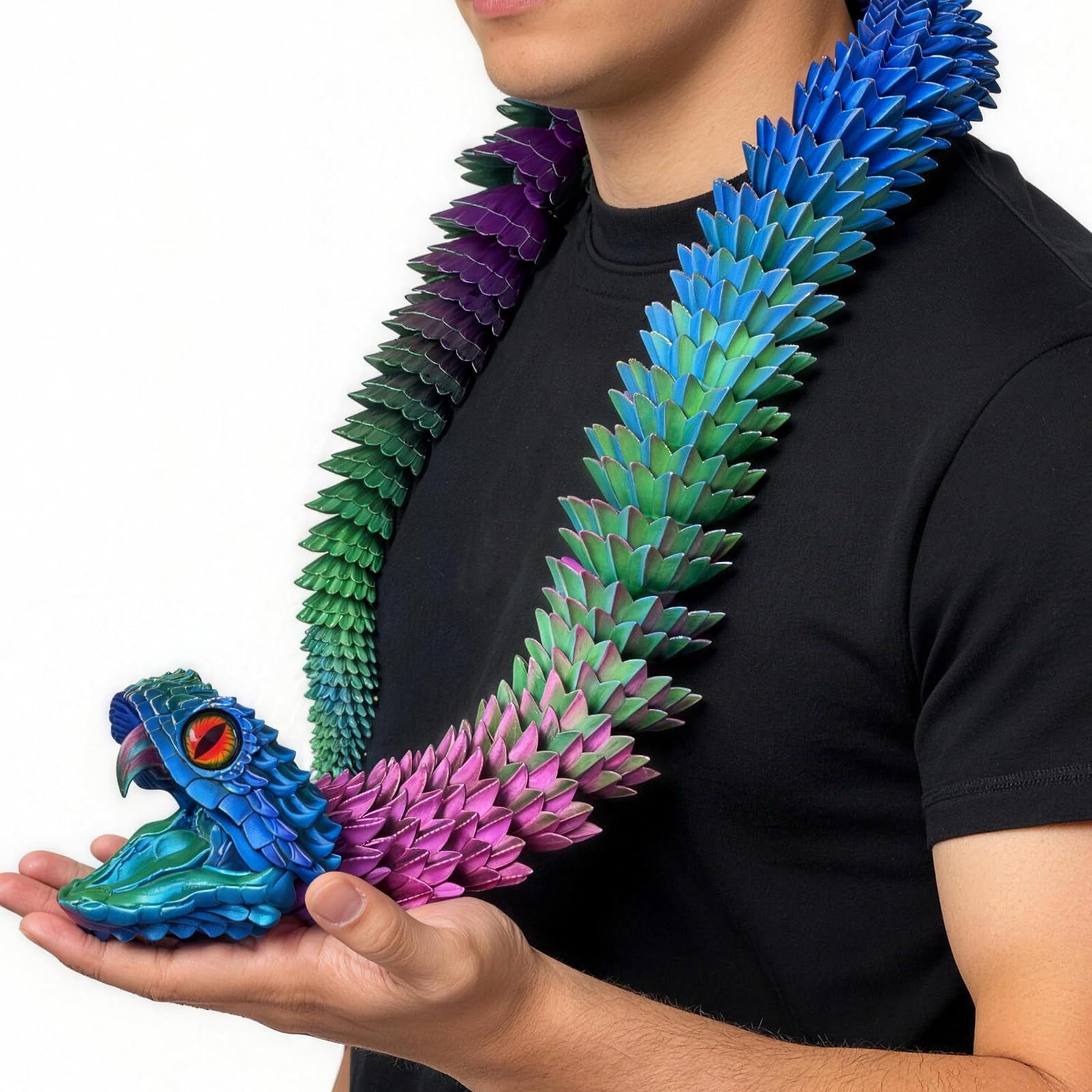 48Inch Super Large 3D Printed Snake Models, Giant 3D Fidgets Stuff Animals Toys with Movable Teeth, Flexible Joint Viper Snakes Statue for Home Office Decor - Surprise Fantasy Gifts (Red Green Blue)