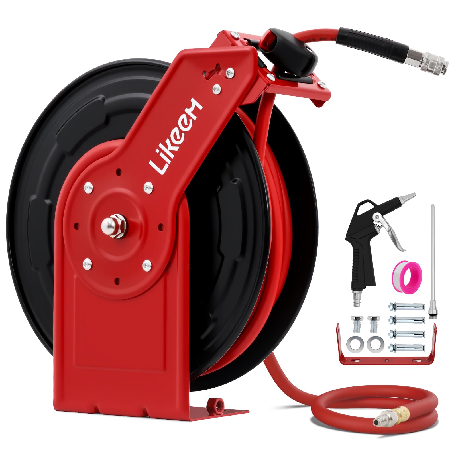 65 FT Retractable Air Hose Reel,3/8-Inch Hybrid Air Hose,Max 300PSI,with 5 ft Lead in, Auto Rewind Air-Compressor Hoses Reel 1/4" NPT Fitting,Ceiling/Wall Mount for Garage Workshops