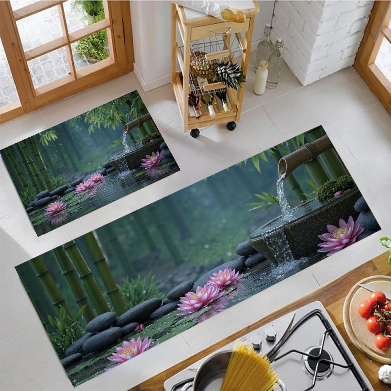 Tapis de cuisine japonais vert forêt pour une ambiance zen en salle à manger