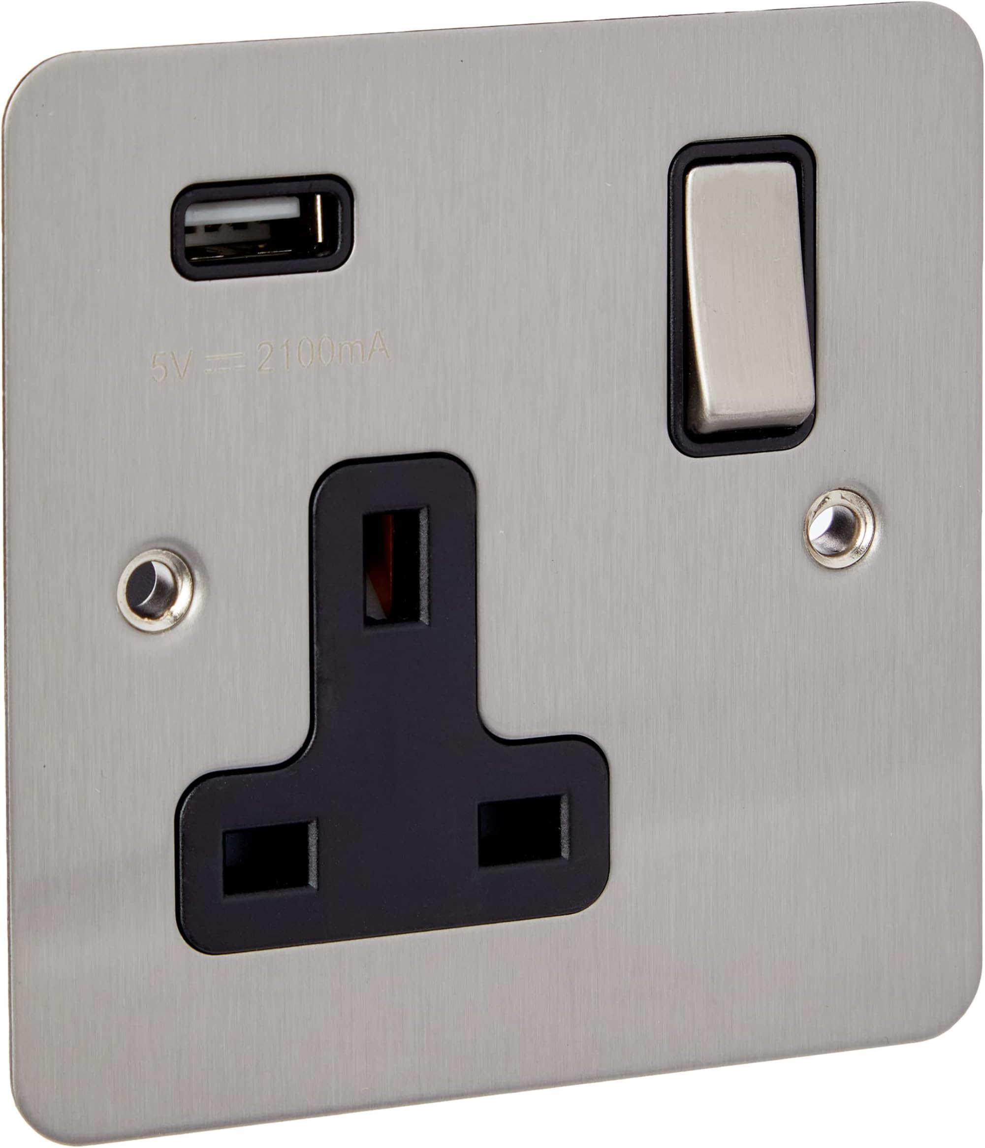 AET USBFSC1GSOCBC Satin Chrome Flat 1 Gang w Charging Port Black Insert Metal Rocker Switch-13 Amp Single Plug Socket & USB Power Outlet
