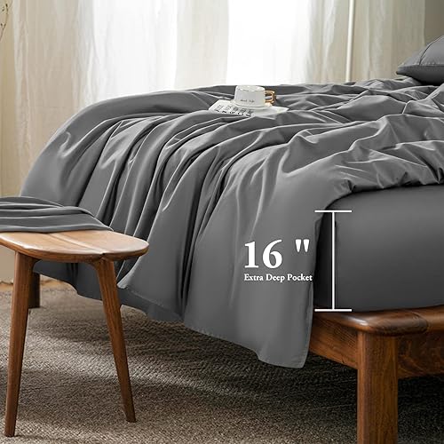 Miniatura 5 de LBRO2M Juego de sábanas de 1000 hilos de 100% algodón, juego de sábanas tamaño Queen de 4 piezas, bolsillo profundo de 16 pulgadas, frescas, cálidas