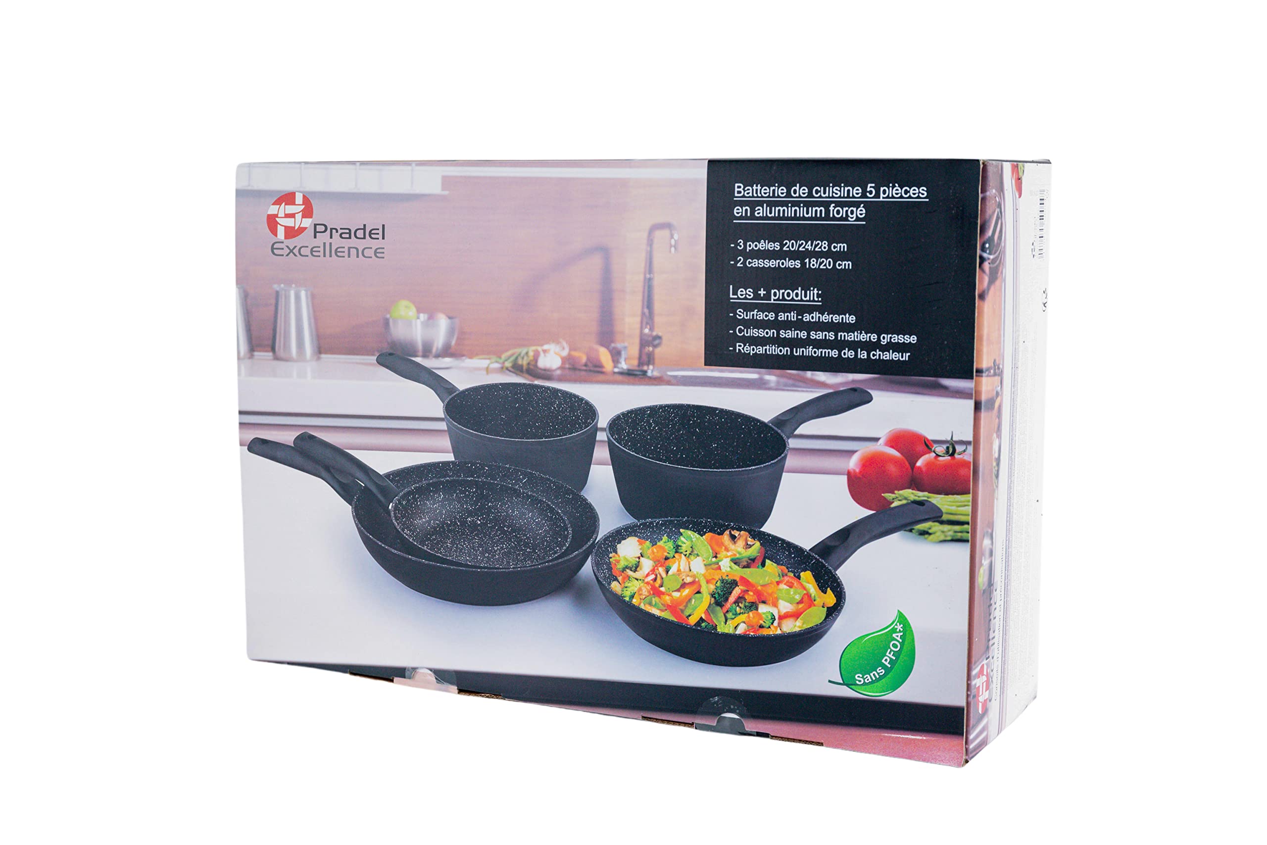Pradel Excellence - Set de 3 Poêles 20/24/28 cm + 2 Casseroles 18/20 cm - Aluminium Forgé - Revêtement Anti-Adhésif Façon Pierre - Manche Fixe - Tous Feux y compris Induction