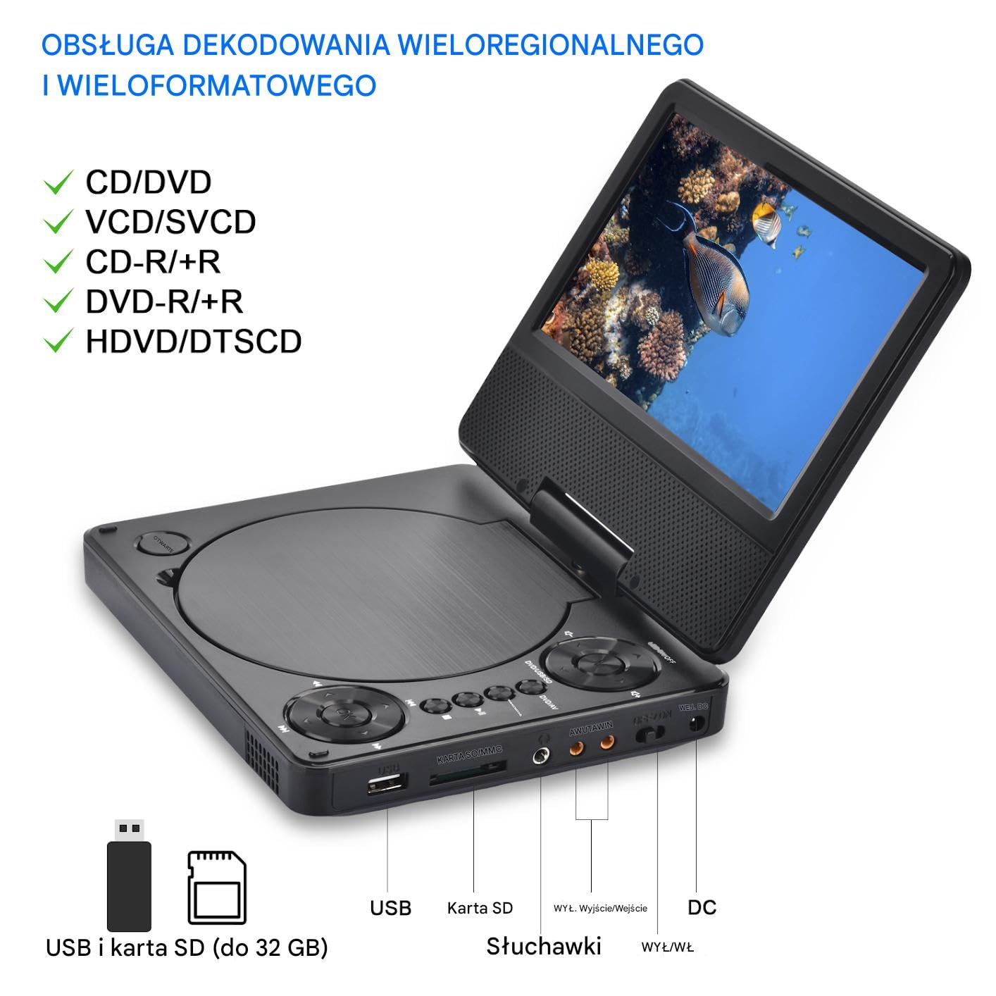 Mini przenośny odtwarzacz DVD YOOHOO 9,5"do samochodu i dzieci z obrotowym ekranem HD 7,5", obsługuje wszystkie regiony, wiele regionów, samochodowe odtwarzacze DVD dla dzieci, słuchawki