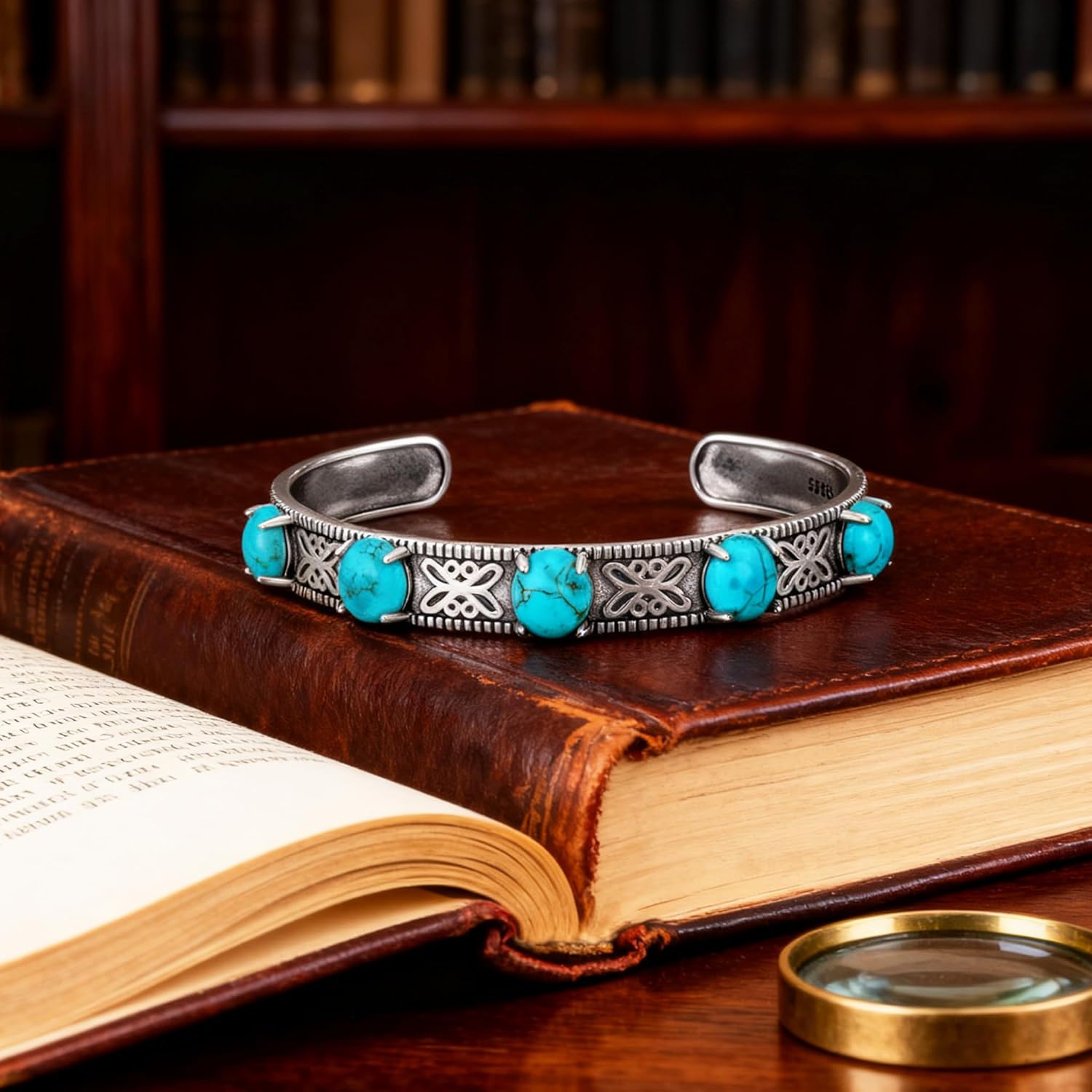 Genuine 5 Turquoise Stone Bracelet Bangle, Sterling Silver Boho Adjustable Cuff Native American Jewelry for Women, Fit for 6.5 7 7.5 Inches - Image 5