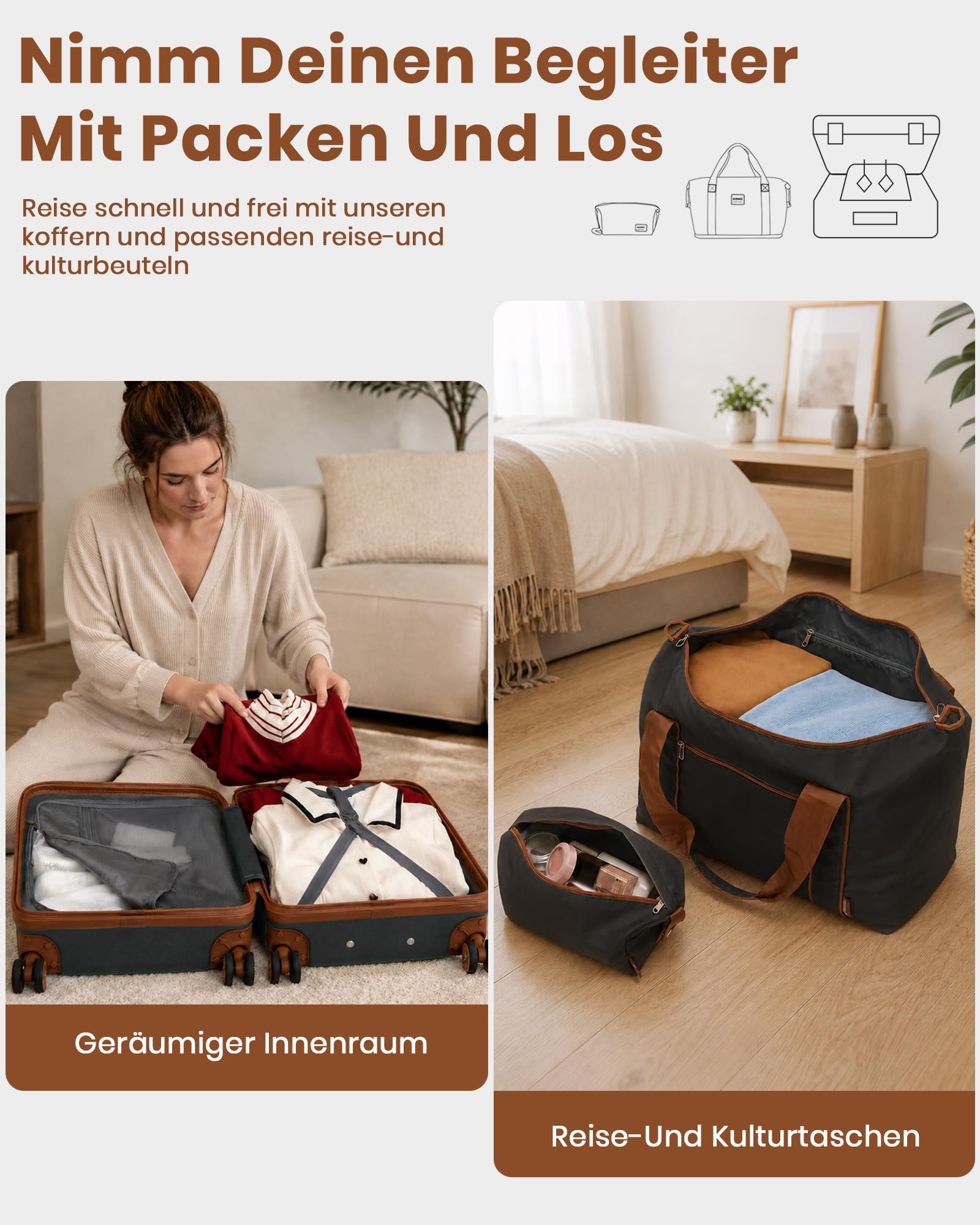 KONO Reisekoffer Set 3-teilig, Erweiterbar Hartschalenkoffer Mittelgroß mit 4 Rollen und TSA Schloss, leichte ABS+PC Trolley inkl Reisetasche und Kulturbeutel, ideal für Geschäftsreise, Schwarz/Braun