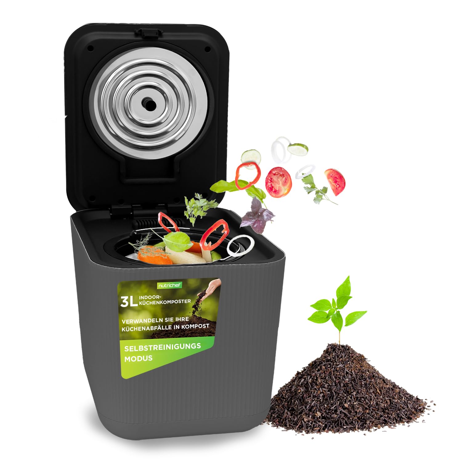 Nutrichef Elektrischer Komposter, 3L- Biomülleimer Küche, Komposteimer- Für Organisches Material & Lebensmittelreste, Küchenkomposter- mit Deckel, Komposter Küche Elektrisch, Selbstreinigungsmodus