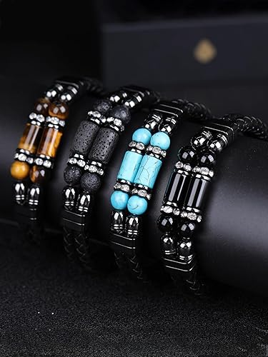 Miniatura 7 de Pulsera de cuero para hombre, turquesa, ojo de tigre, obsidiana, piedra de lava, trenzada, multicapa, brazalete Barcelet, caja de joyería y embalaje