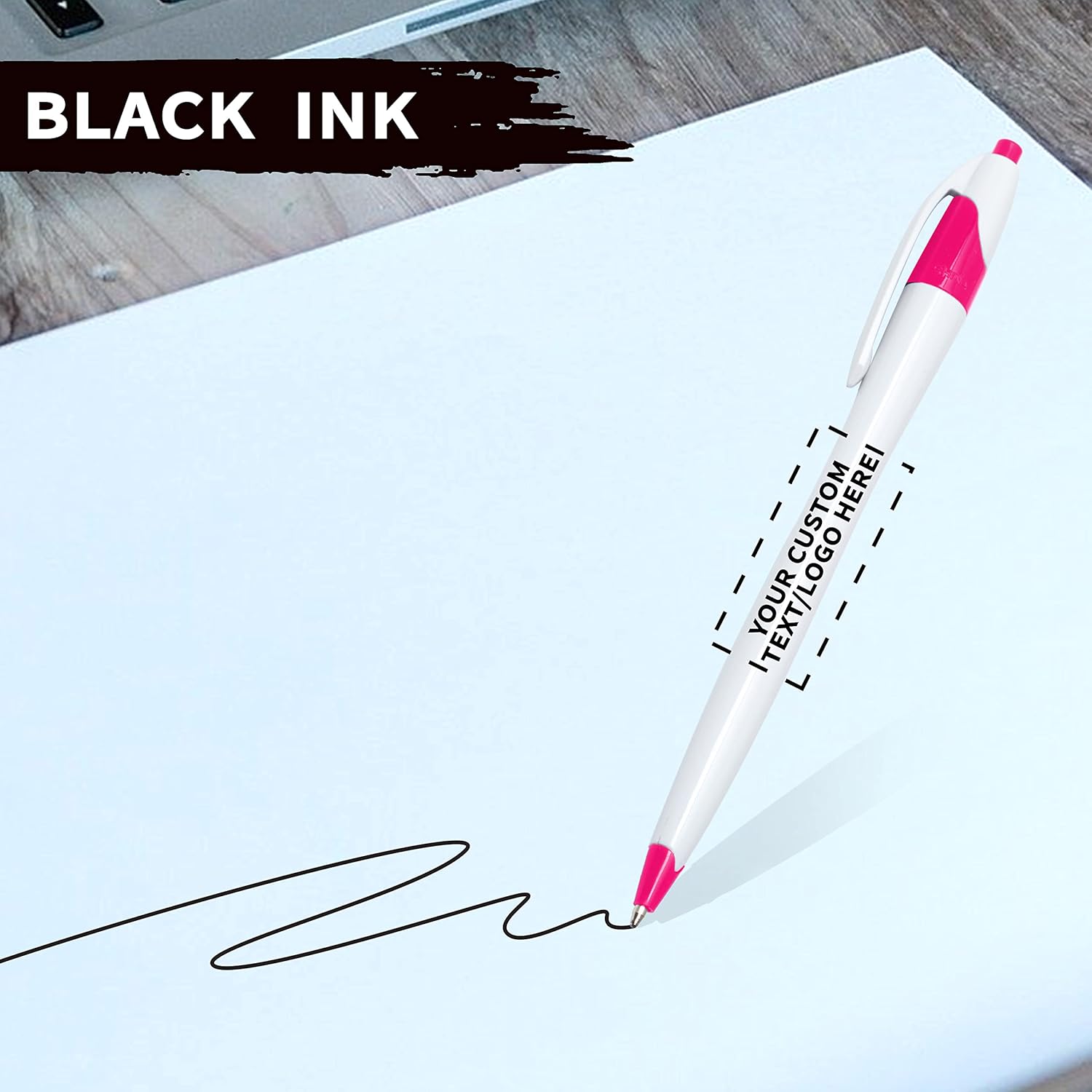 Personalized Ballpoint Pens Set of 10/50/100 by DISCOUNT PROMOS- Black Ink, Slim & Curvy Design, Retractable, Ideal for Office, Corporate Merchandise, Tradeshows- Pink