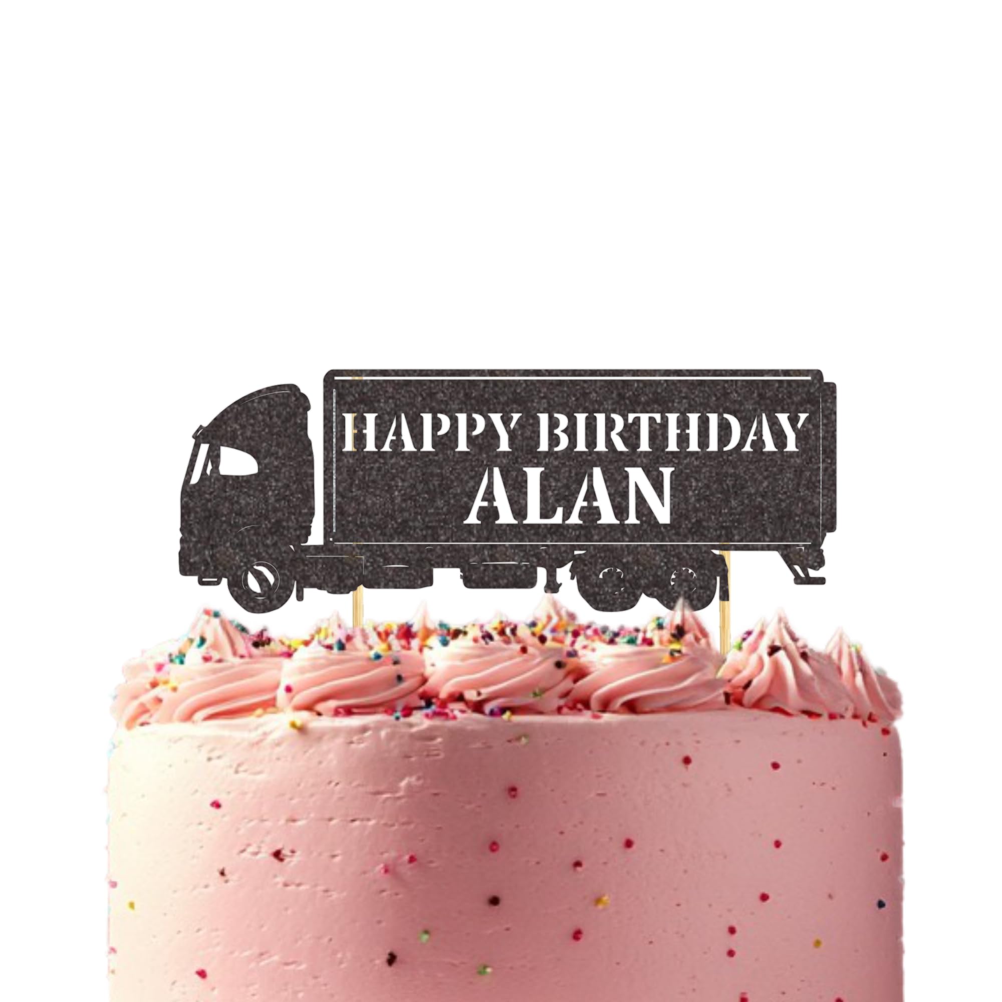 Customisable Lorry Truck Driver Cake Topper - Elegant, Personalised Decoration for Party Celebrations, Durable Glitter Card Design (Black)